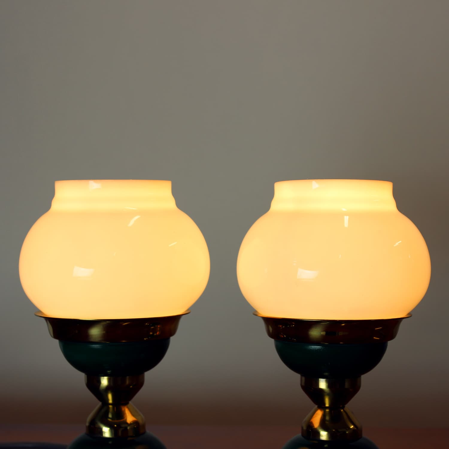 Para lamp stołowych, zielony, mosiądz, szkło opalowe, Czechosłowacja, lata 50. - 91433