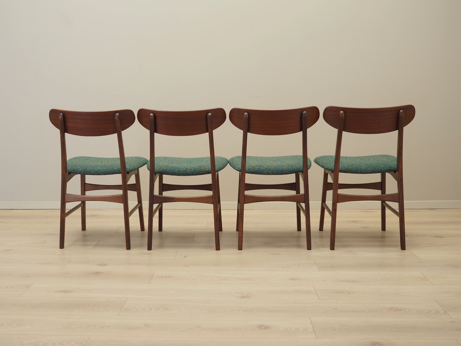 Set of Four Chairs, light brown teak, green fabric, Denmark, 1970s. - 82048