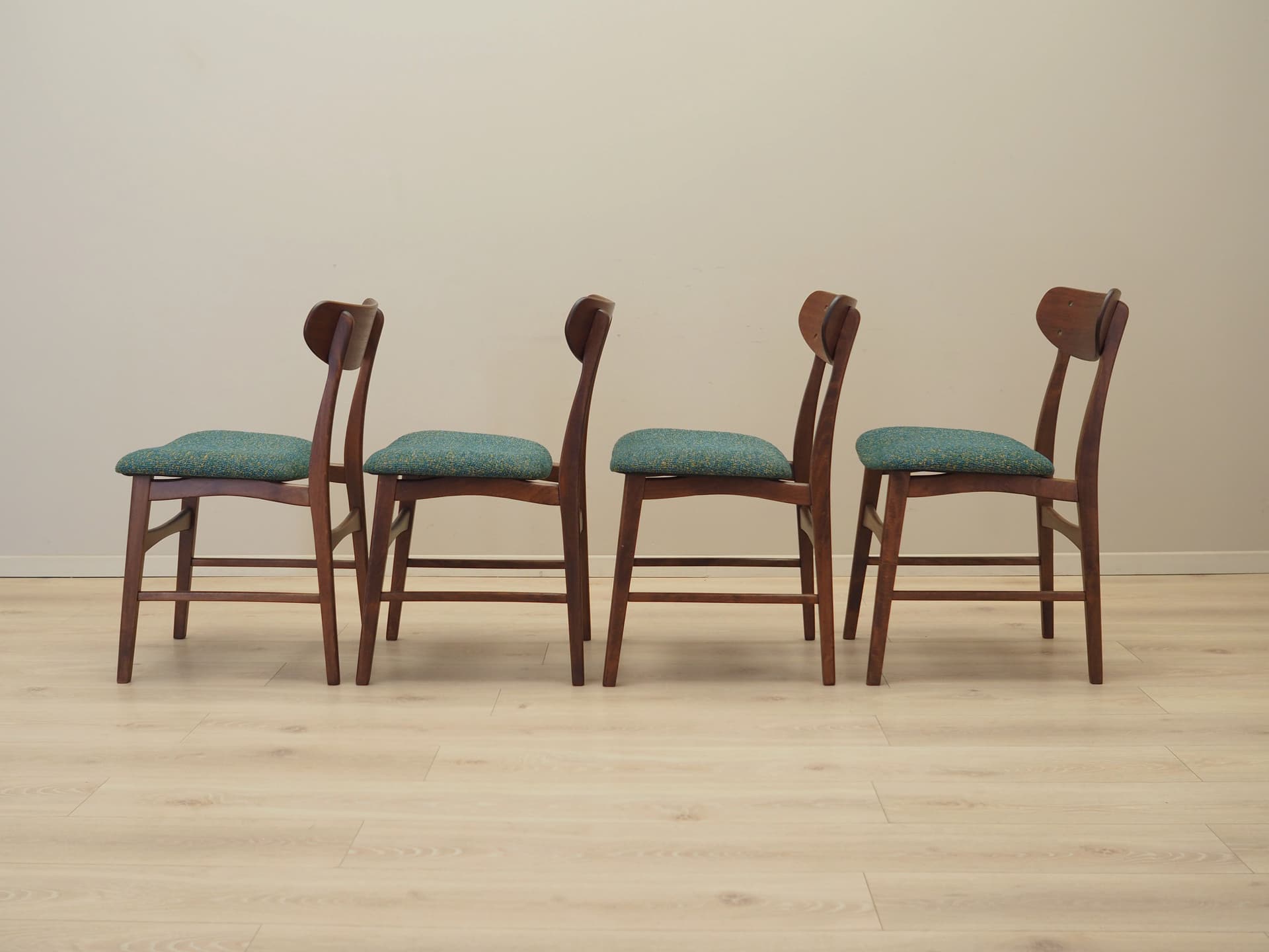 Set of Four Chairs, light brown teak, green fabric, Denmark, 1970s. - 82047