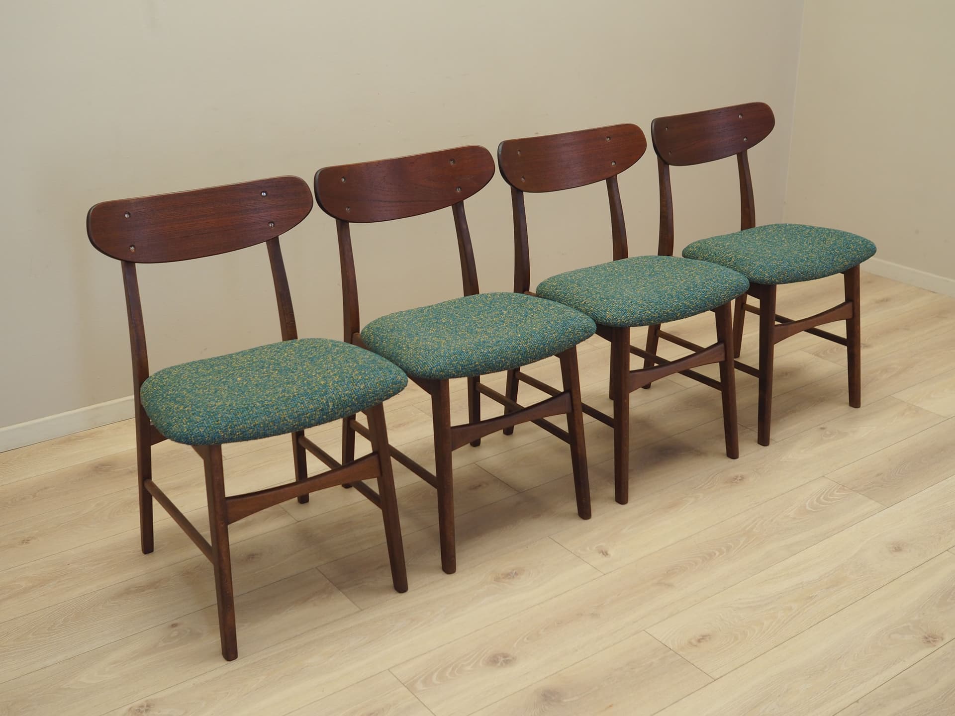 Set of Four Chairs, light brown teak, green fabric, Denmark, 1970s. - 82041
