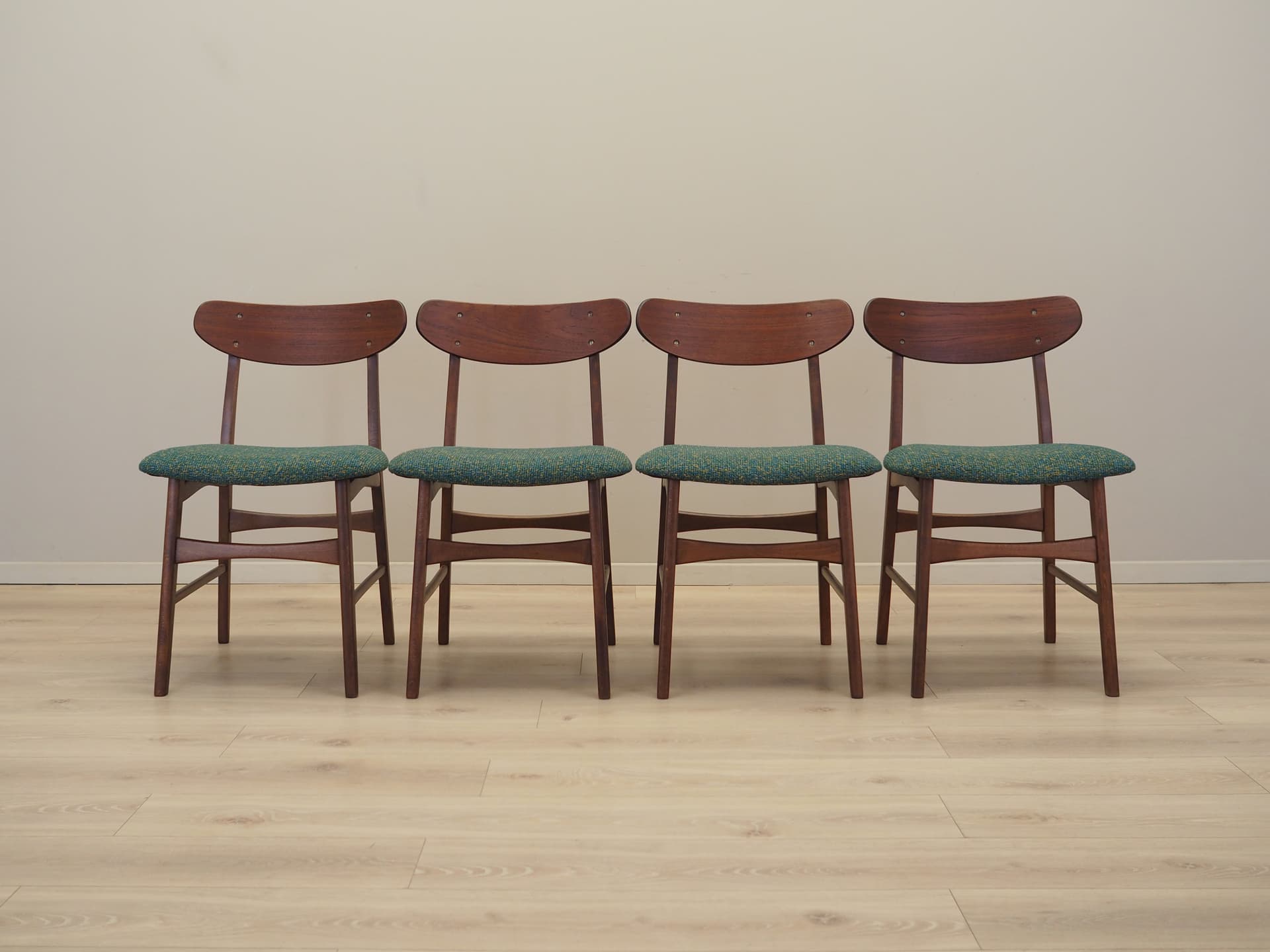 Set of Four Chairs, light brown teak, green fabric, Denmark, 1970s. - 82040