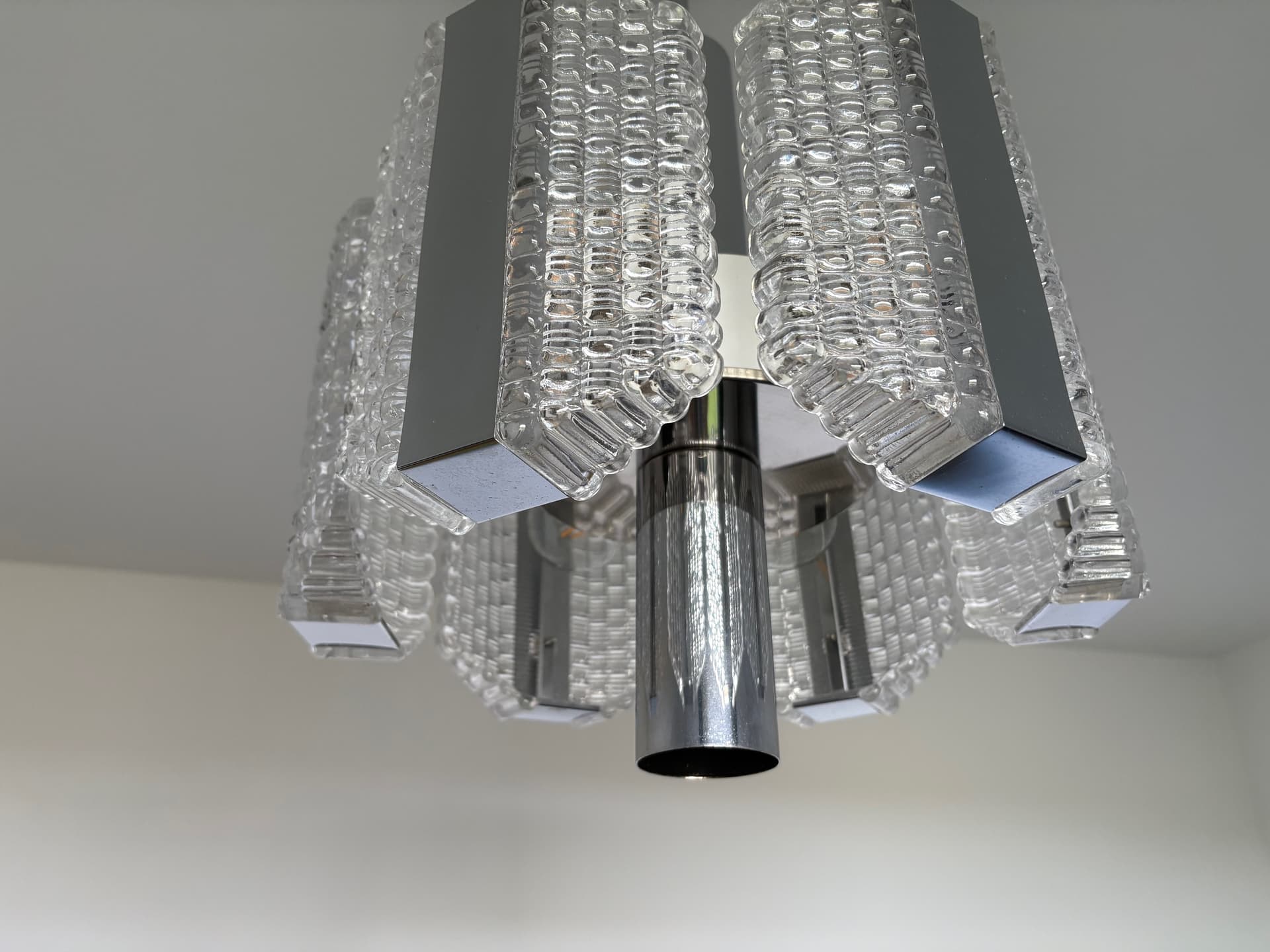 Żyrandol bębnowy, srebrny, szkło, stal chromowana, Kaiser Leuchten, Niemcy, lata 60. - 82443