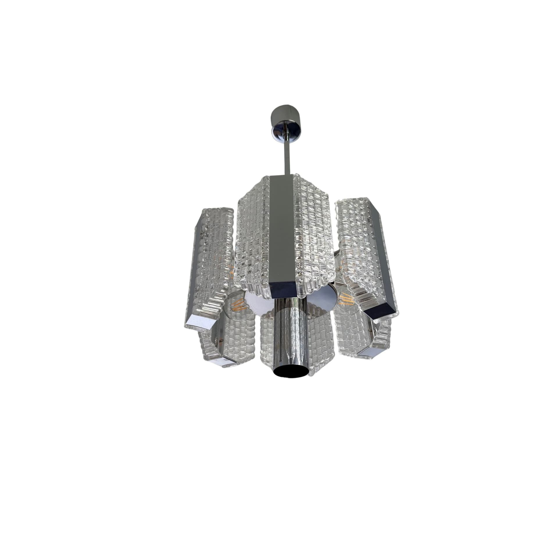 Żyrandol bębnowy, srebrny, szkło, stal chromowana, Kaiser Leuchten, Niemcy, lata 60.