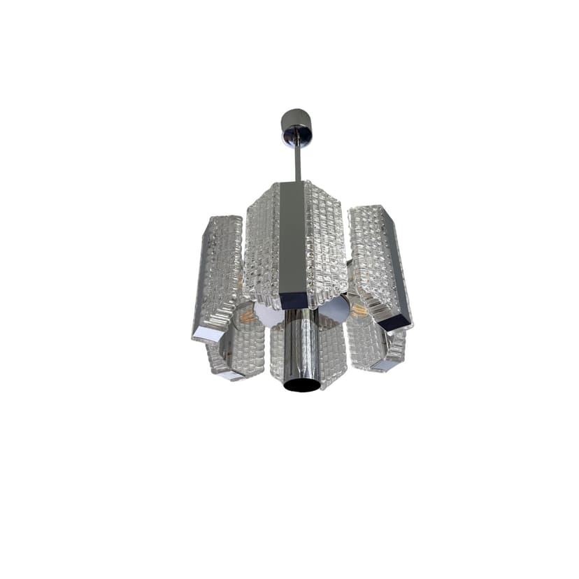 Żyrandol bębnowy, srebrny, szkło, stal chromowana, Kaiser Leuchten, Niemcy, lata 60.