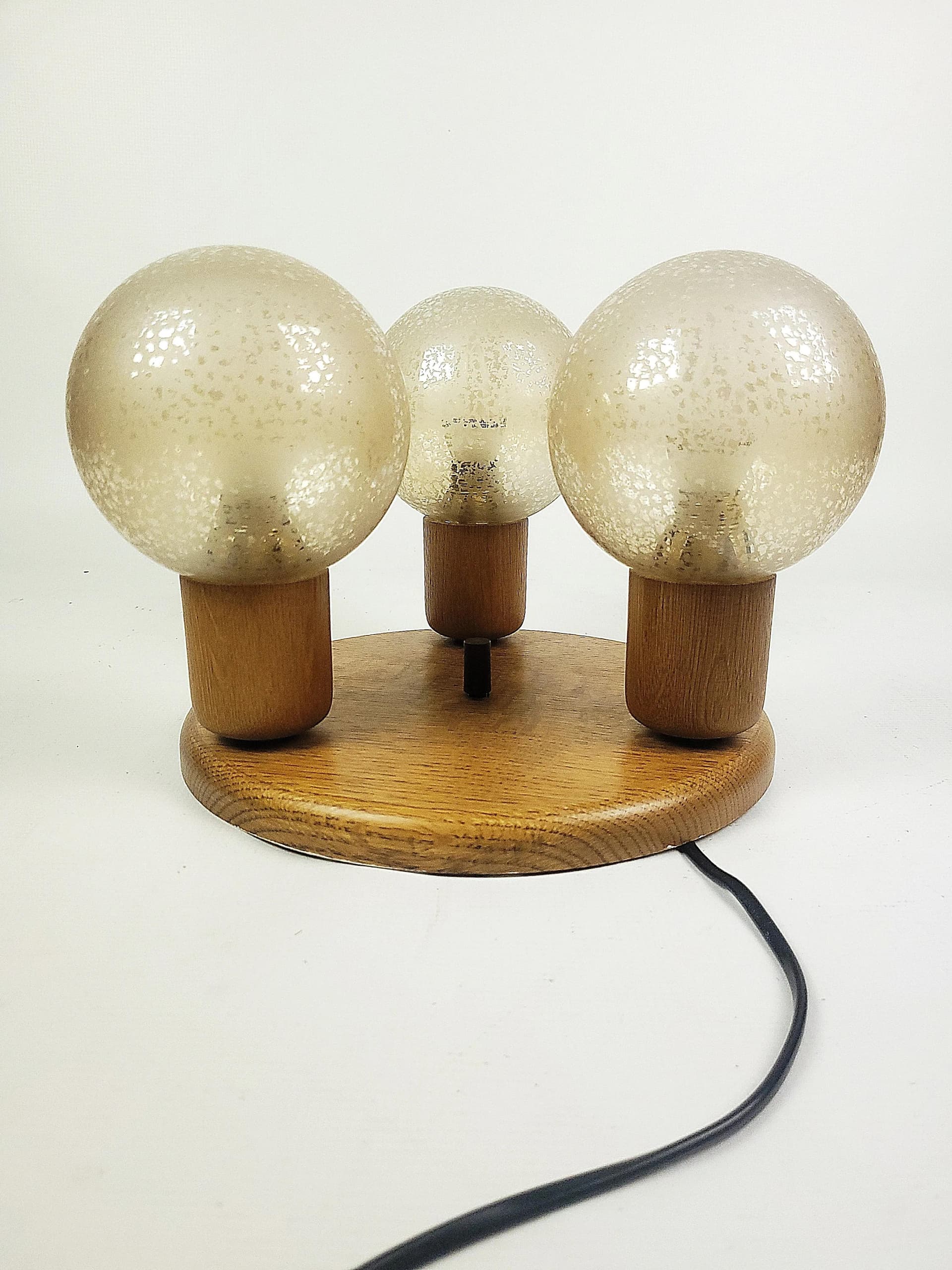 Walnut Ceiling Lamp with Globe Shades, Poland, 1970s - 83032