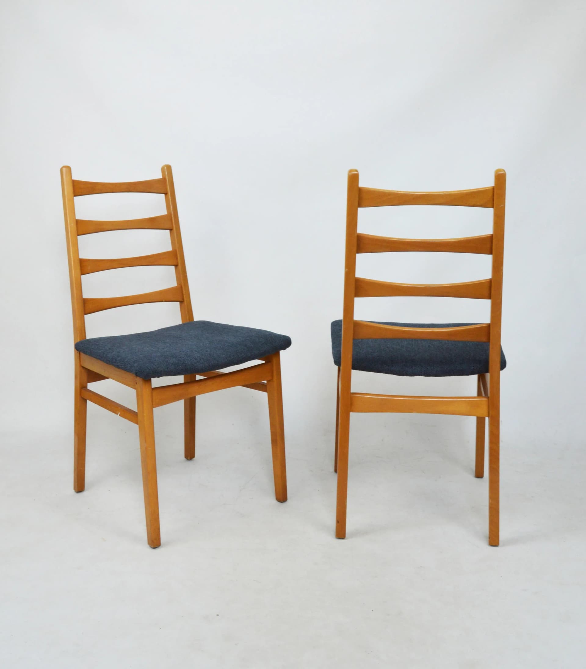 Brown Wooden Chairs with Dark Blue Upholstered Seats, Poland, 1970s - 87232