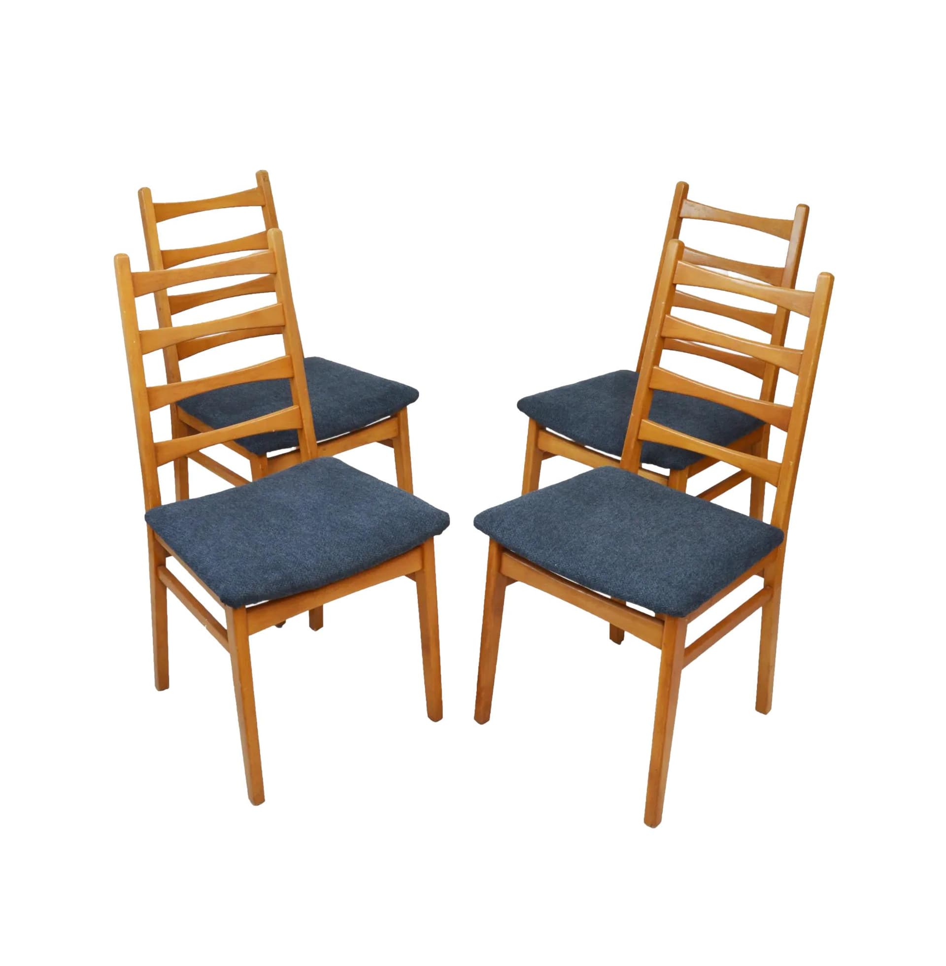 Brown Wooden Chairs with Dark Blue Upholstered Seats, Poland, 1970s