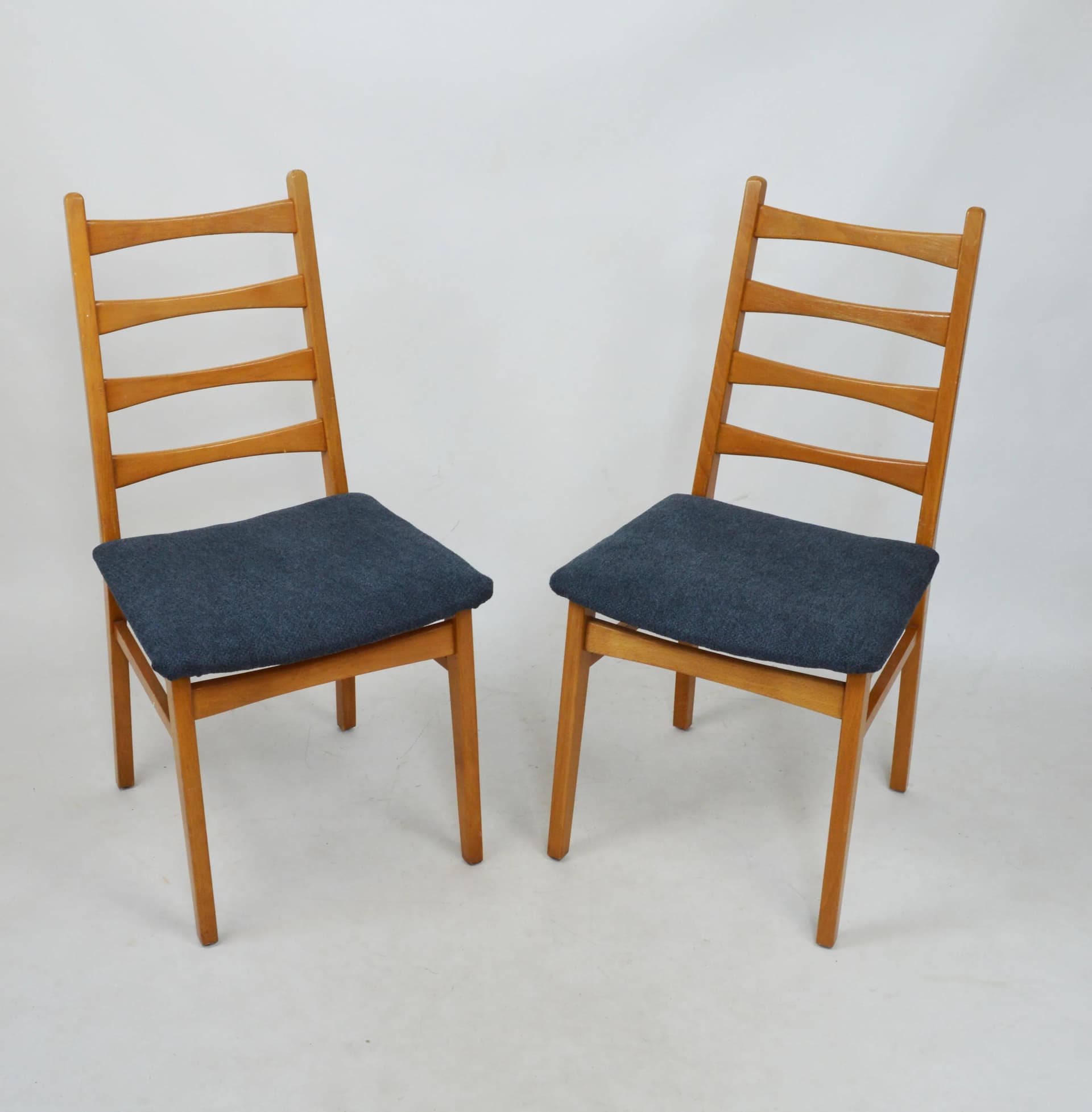 Brown Wooden Chairs with Dark Blue Upholstered Seats, Poland, 1970s - 87236