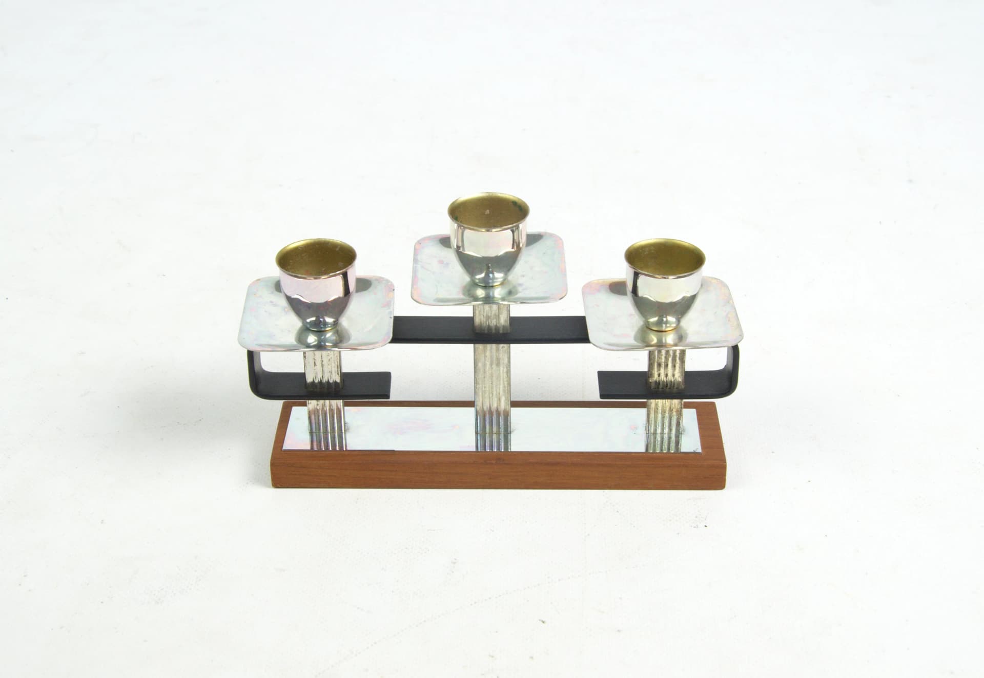 Candleholder, silver metal, brown wood, Poland, 1970s. - 87102
