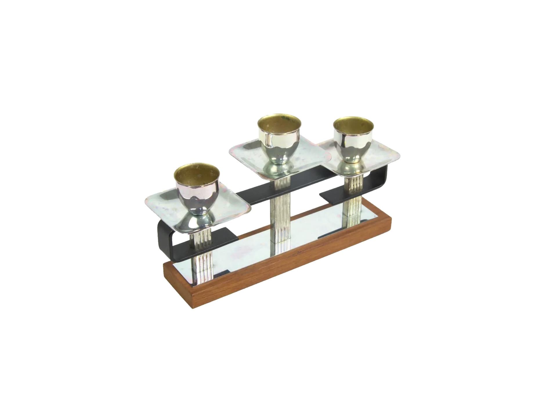 Candleholder, silver metal, brown wood, Poland, 1970s.