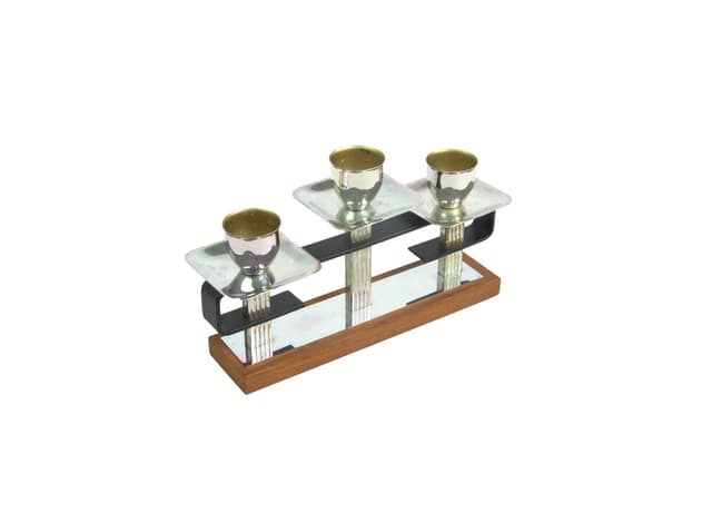 Candleholder, silver metal, brown wood, Poland, 1970s. - DIMENSION