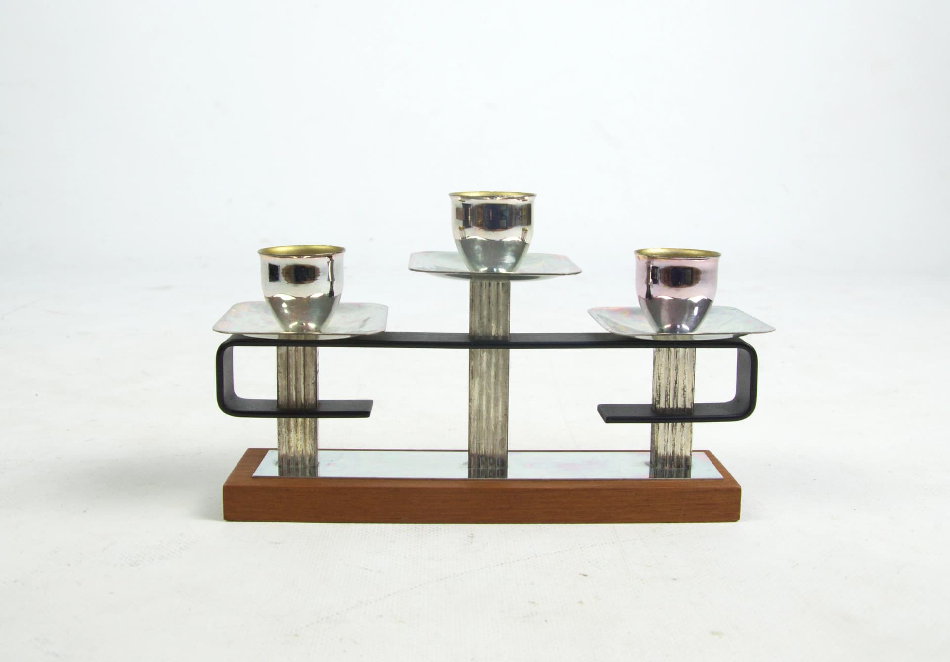 Candleholder, silver metal, brown wood, Poland, 1970s. - 87099