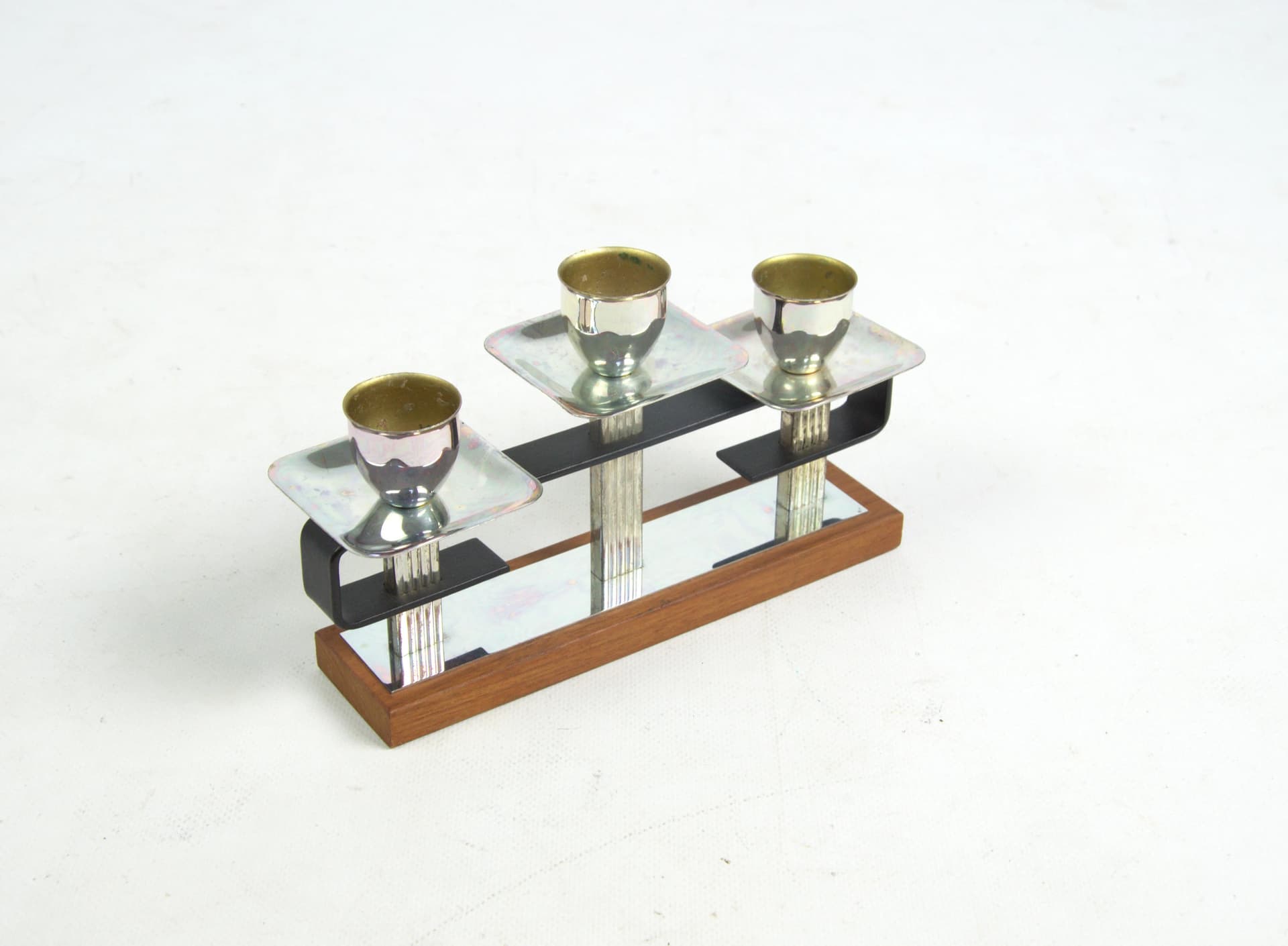 Candleholder, silver metal, brown wood, Poland, 1970s. - 87098