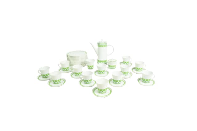 Serwis kawowy, Melitta, porcelana biała zielona, Niemcy, lata 70. - WYMIARY