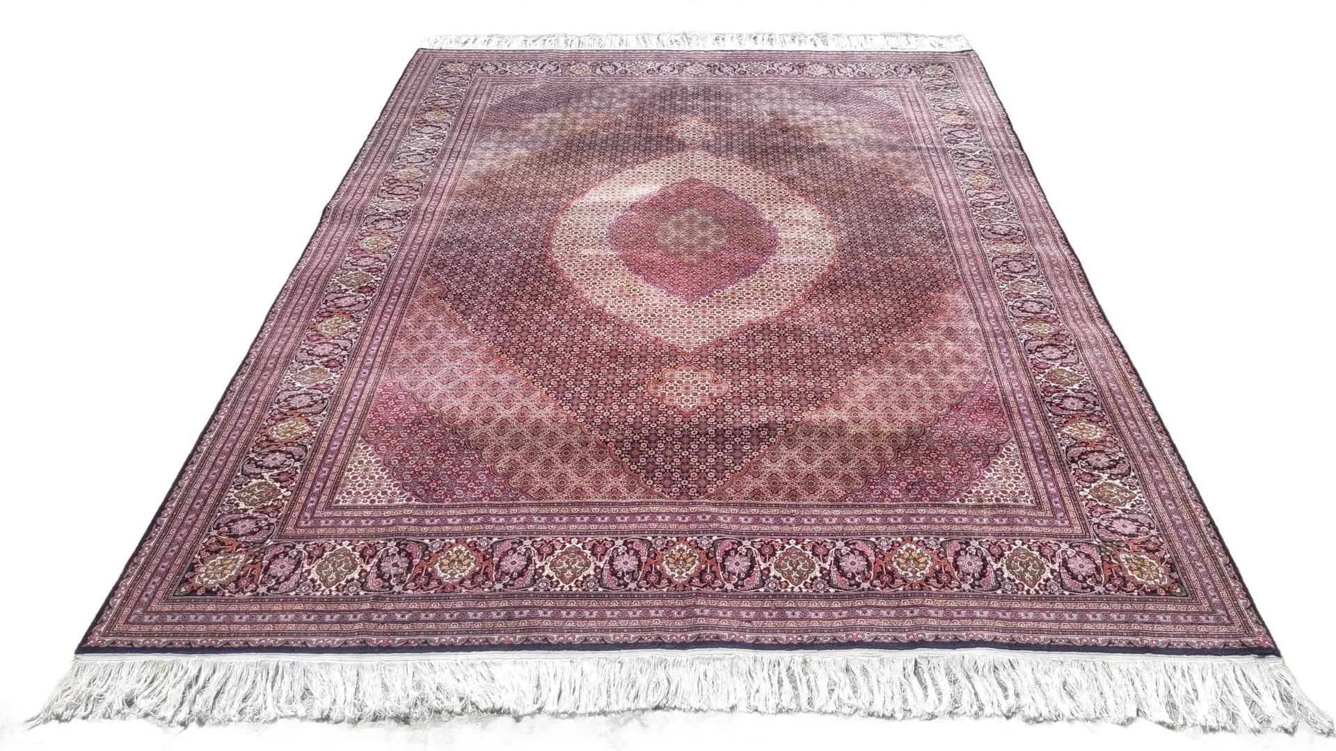 Dywan Tabriz Raj 80, 300x430 cm, burgund, wełna i jedwab, Iran, pocz. XX w.