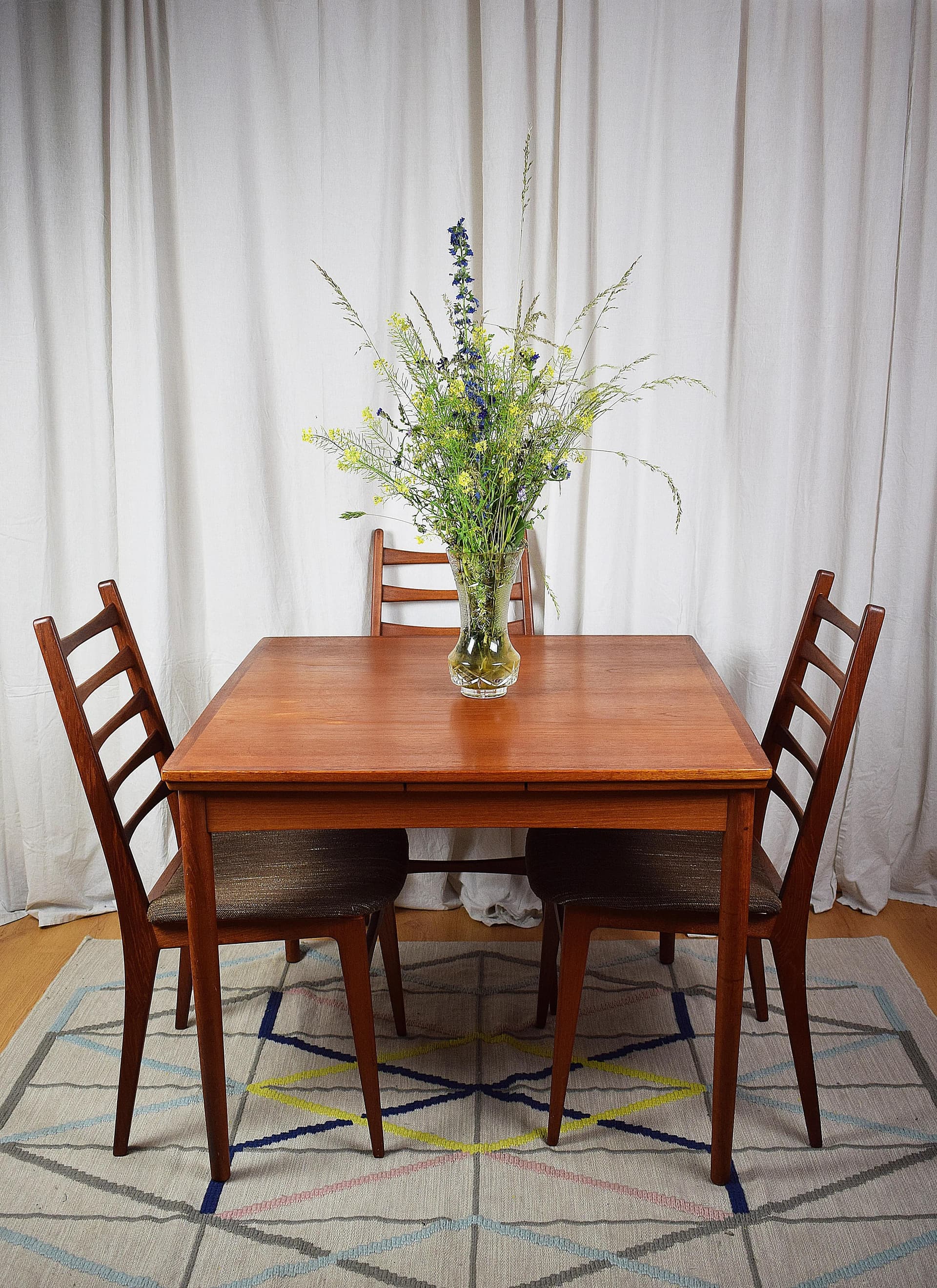 Komplet krzeseł, teak brązowy jasny, wełna beżowa, Benze Sitzmöbel, Niemcy, lata 50. - 86865