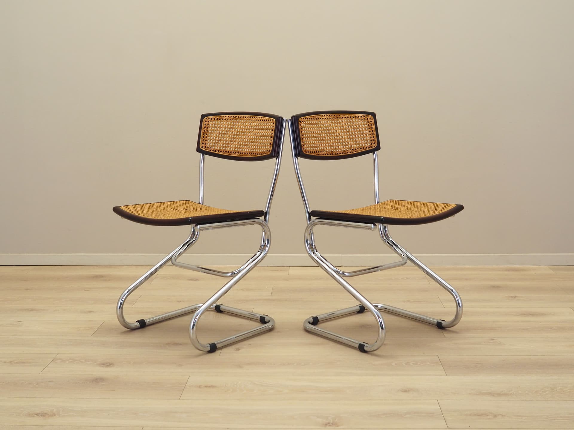 Pair of chairs Bauhaus, brown rattan, dark brown beech, chrome steel, Italy, 1960s. - 83317