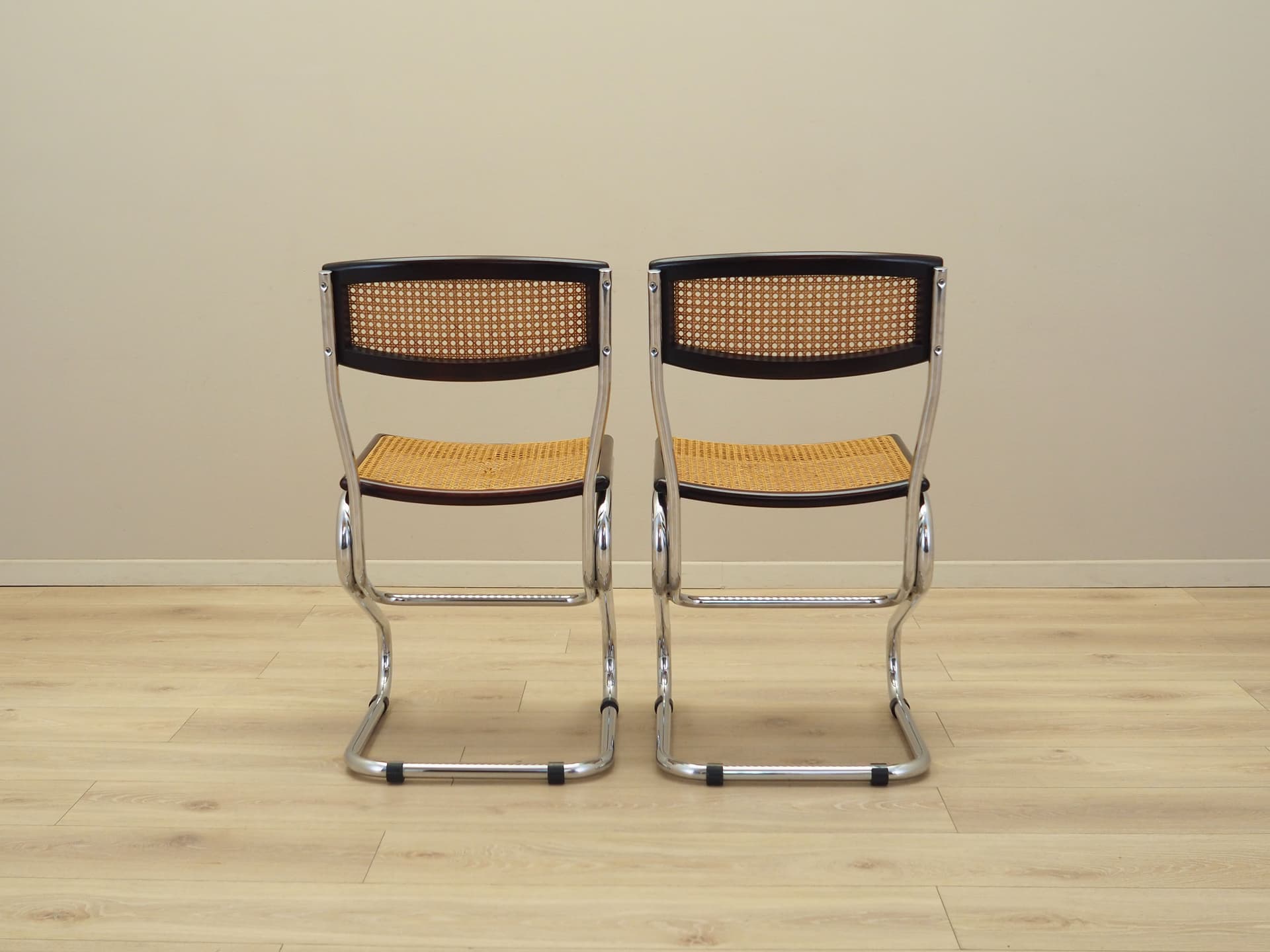 Pair of chairs Bauhaus, brown rattan, dark brown beech, chrome steel, Italy, 1960s. - 83319