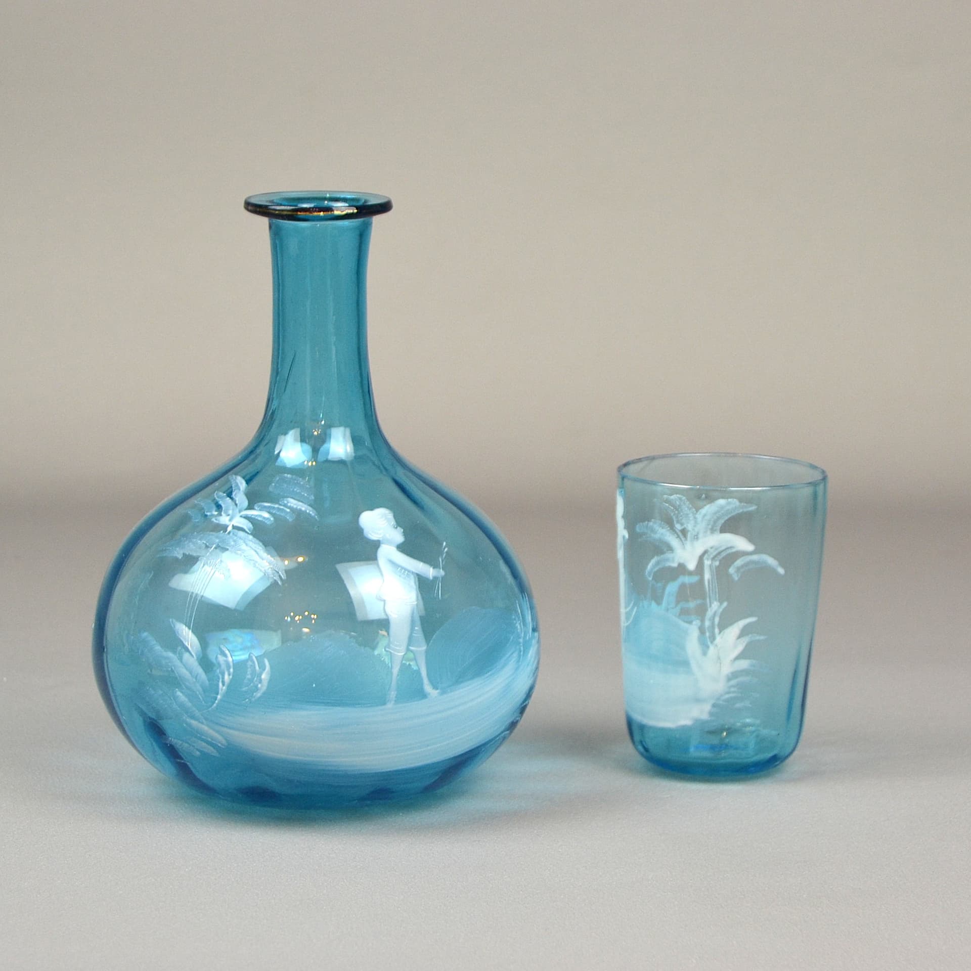 Carafe and glass set, Mary Gregory, blue glass, Czech Republic, 19th c. - 605
