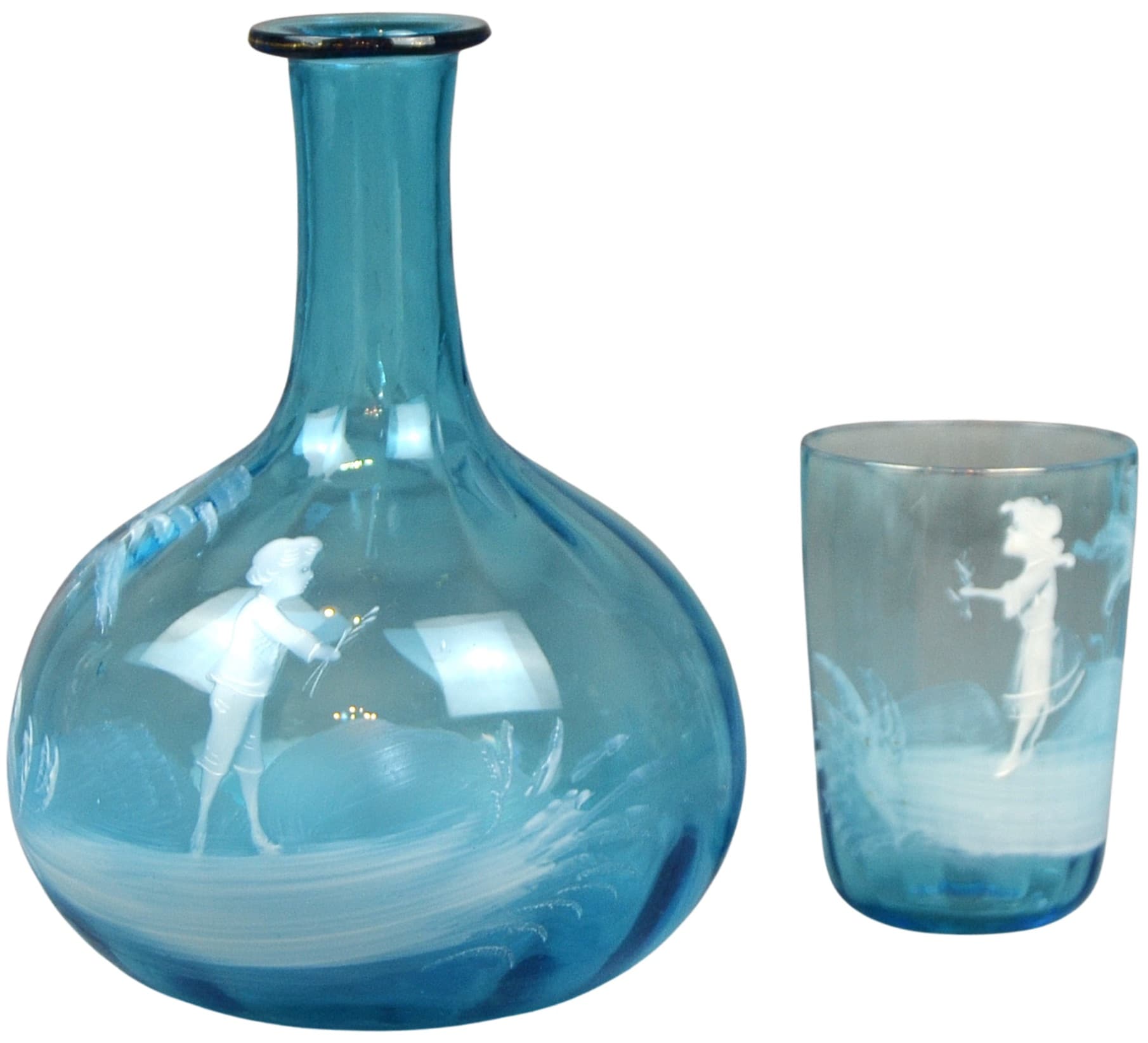 Carafe and glass set, Mary Gregory, blue glass, Czech Republic, 19th c.