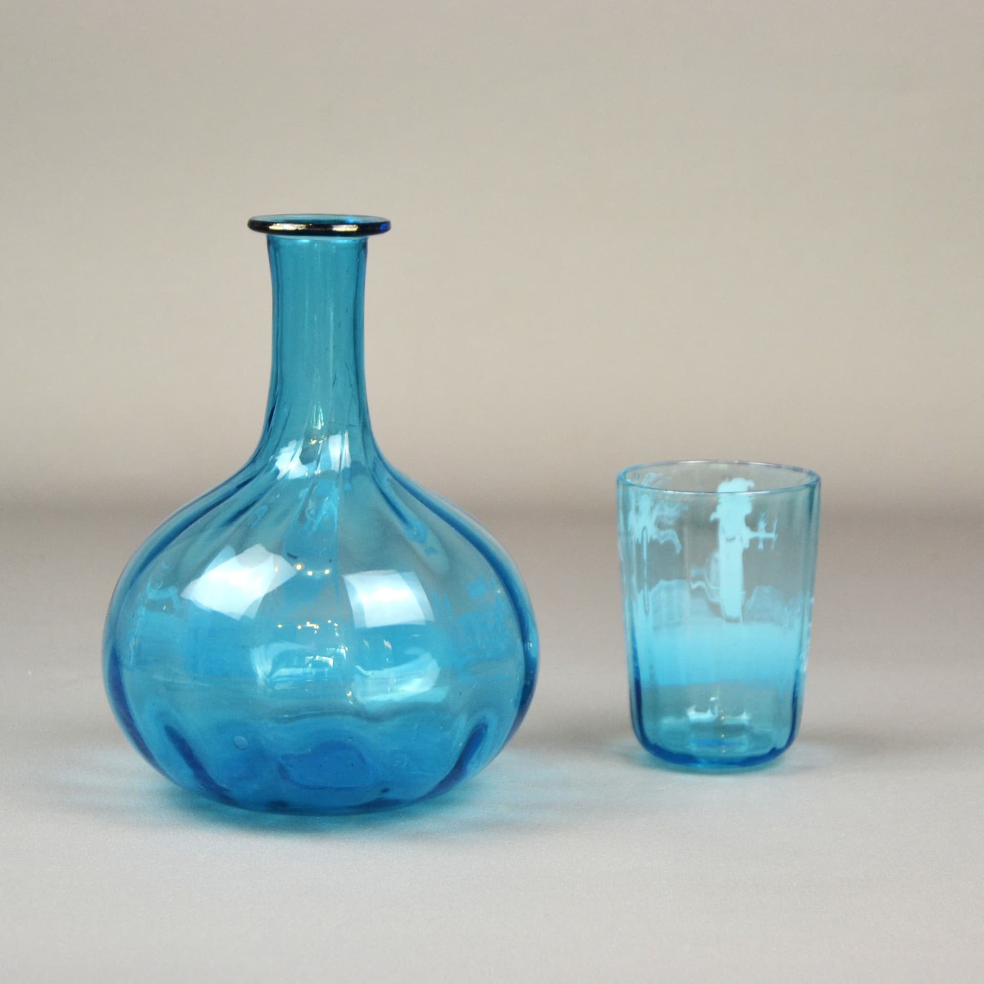 Carafe and glass set, Mary Gregory, blue glass, Czech Republic, 19th c. - 606