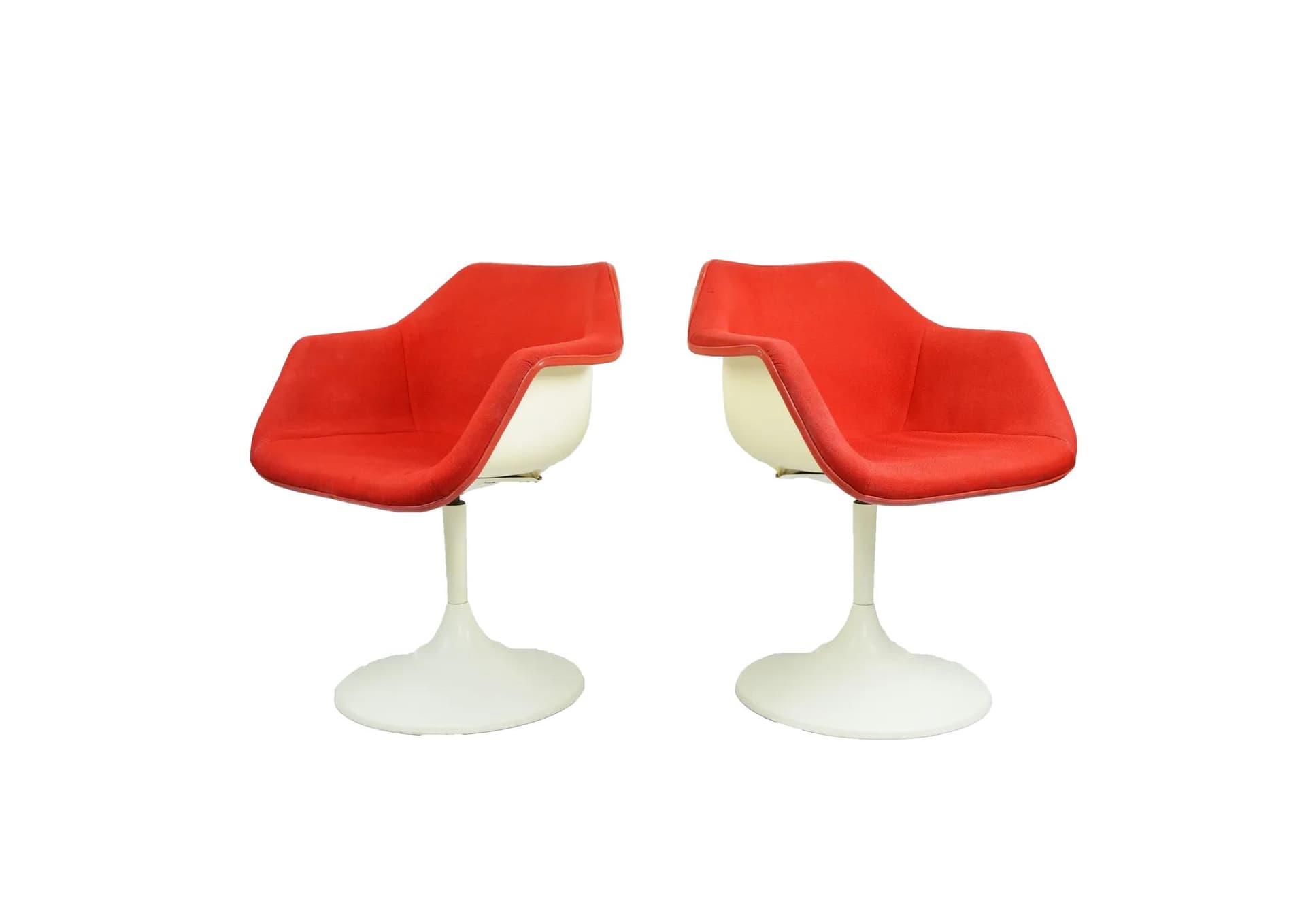 Pair of armchairs, red fabric, cream plastic, by R. Day, Overman, Sweden, 1960s.