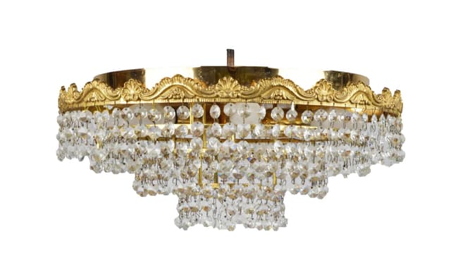 Żyrandol, złoty, mosiądz, szkło, Polska, lata 70. - WYMIARY