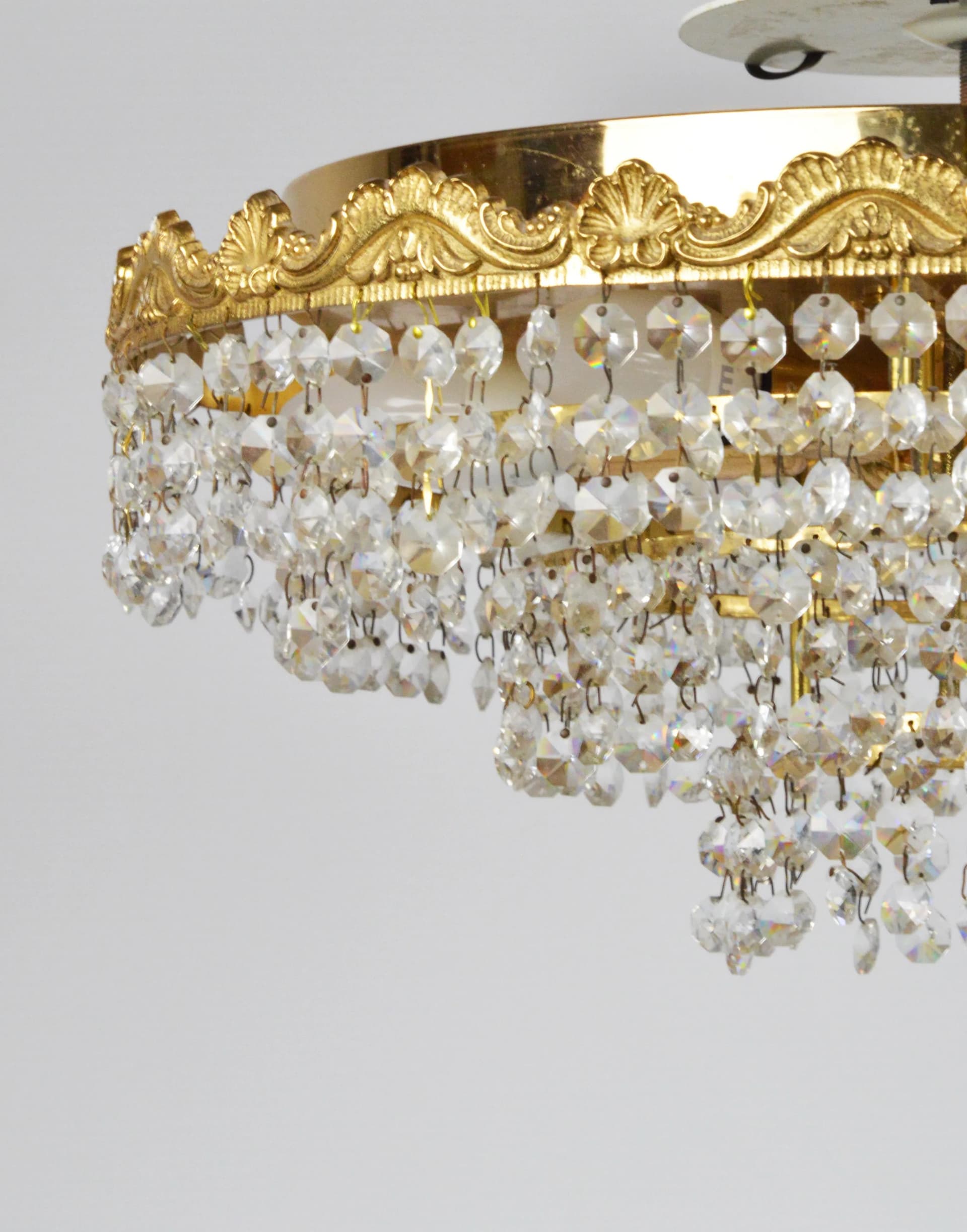 Żyrandol, złoty, mosiądz, szkło, Polska, lata 70. - 86836