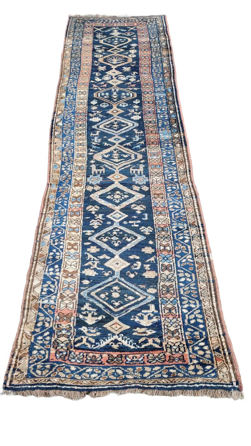 Chodnik Kaszkaj 108x375 cm, granatowy, wełna, Iran, lata 60.