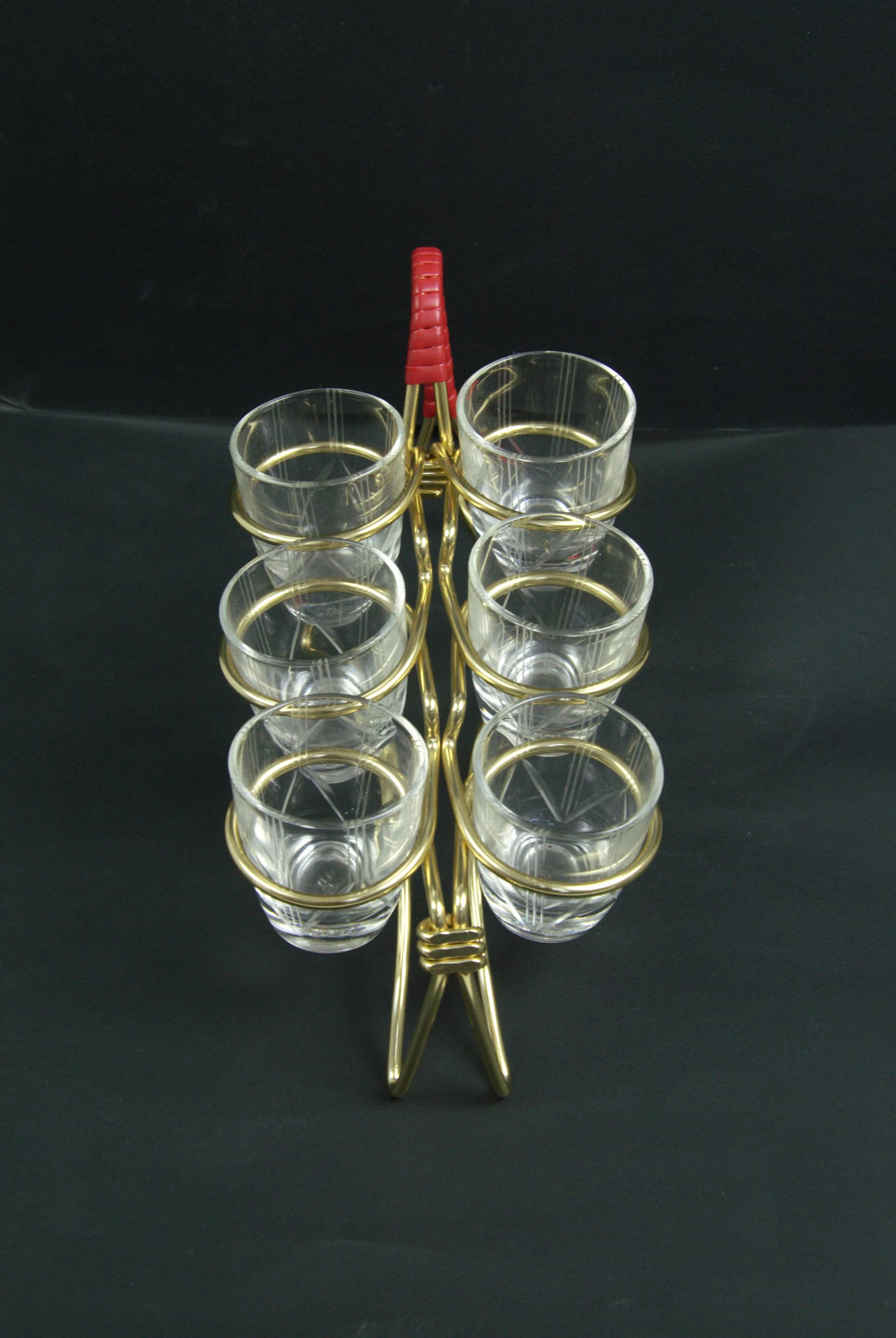 Set of shot glasses with stand, transparent glass, gold metal, Poland, 1960s. - 86725