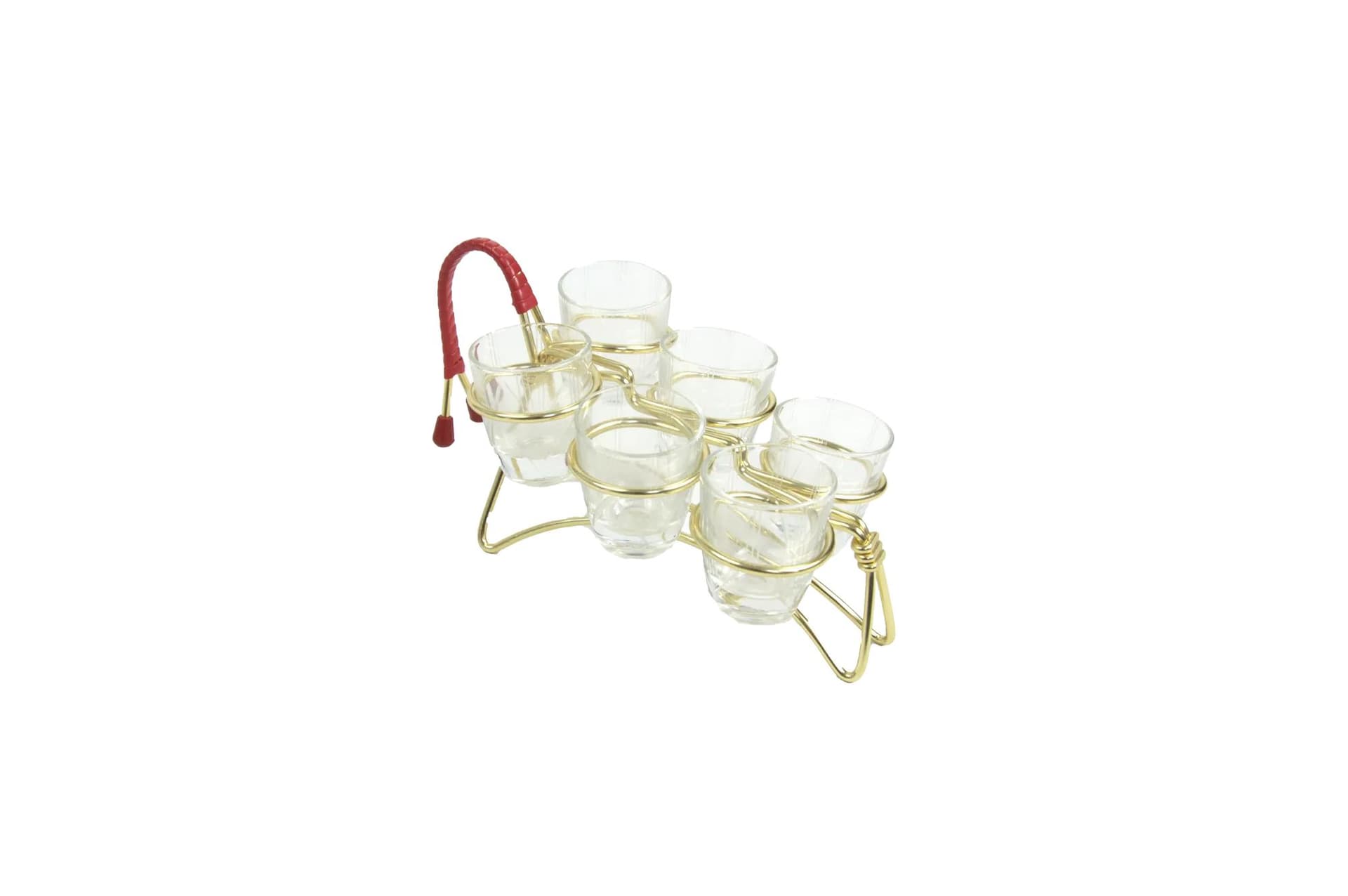 Set of shot glasses with stand, transparent glass, gold metal, Poland, 1960s.