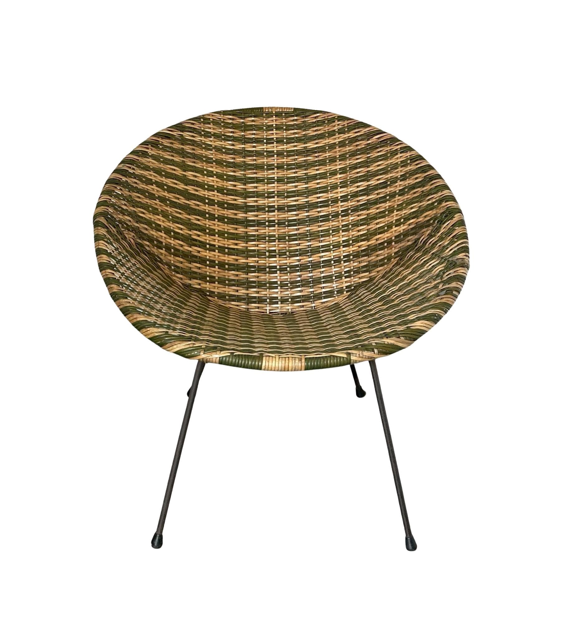 Fotel, oliwkowy beżowy, rattan winyl metal czarny, lata 50.