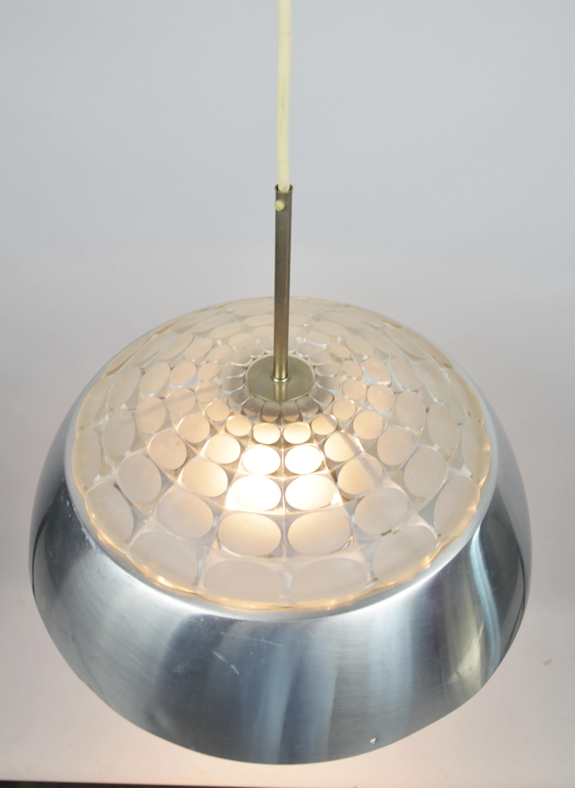 Lampa wisząca, srebrny, aluminium, szkło, Polska, lata 70. - 86636