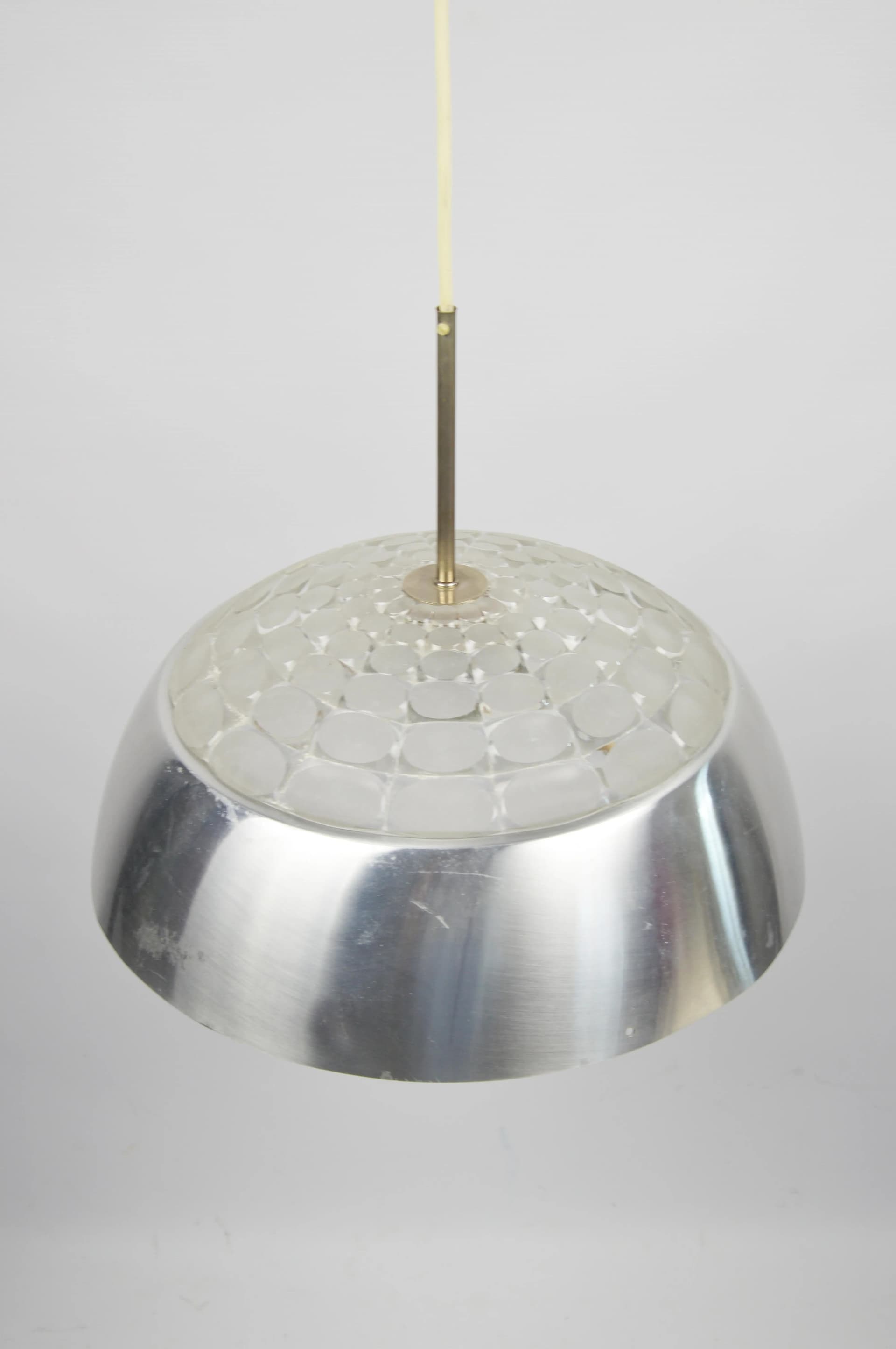 Lampa wisząca, srebrny, aluminium, szkło, Polska, lata 70. - 86631