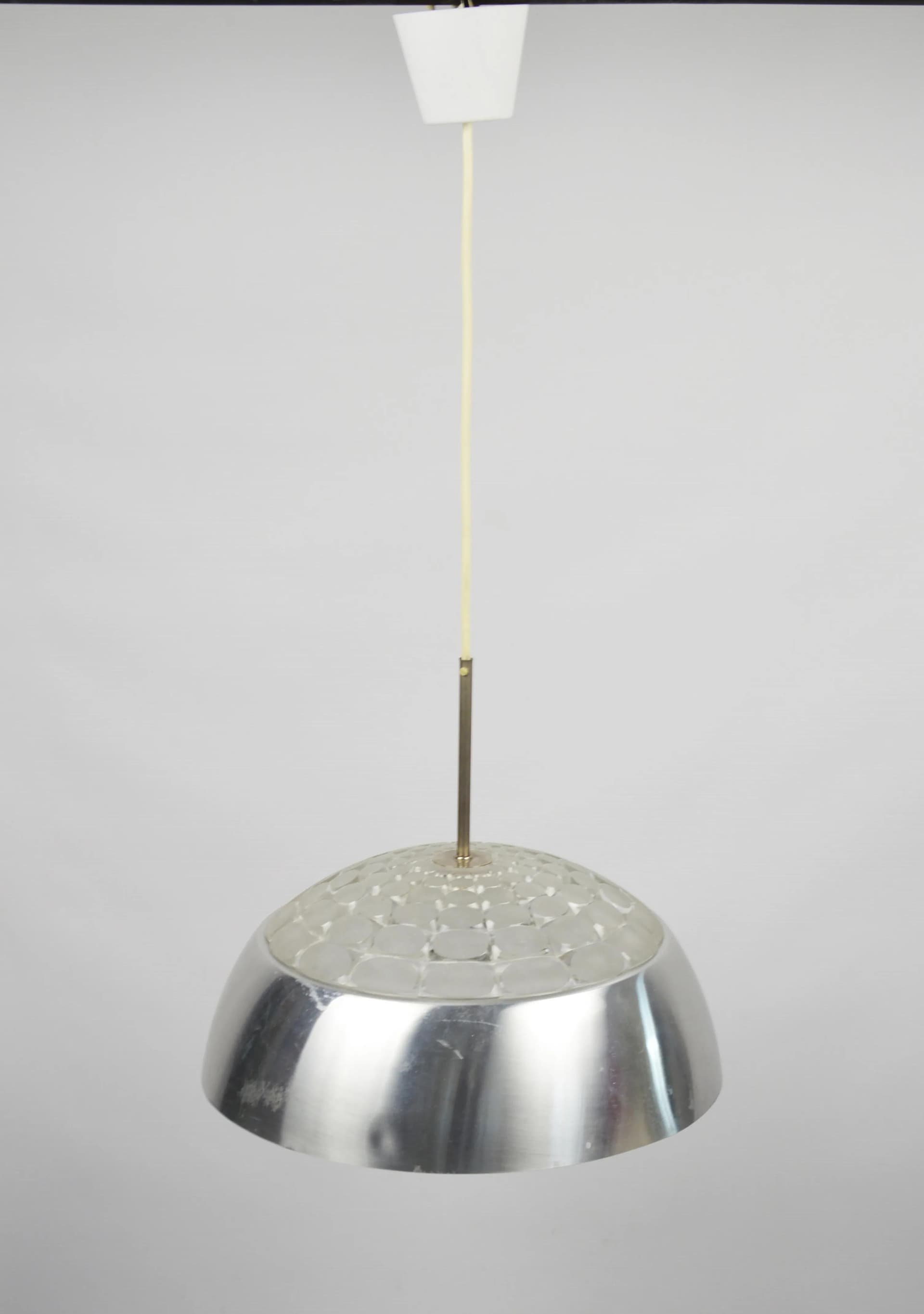 Lampa wisząca, srebrny, aluminium, szkło, Polska, lata 70. - 86637