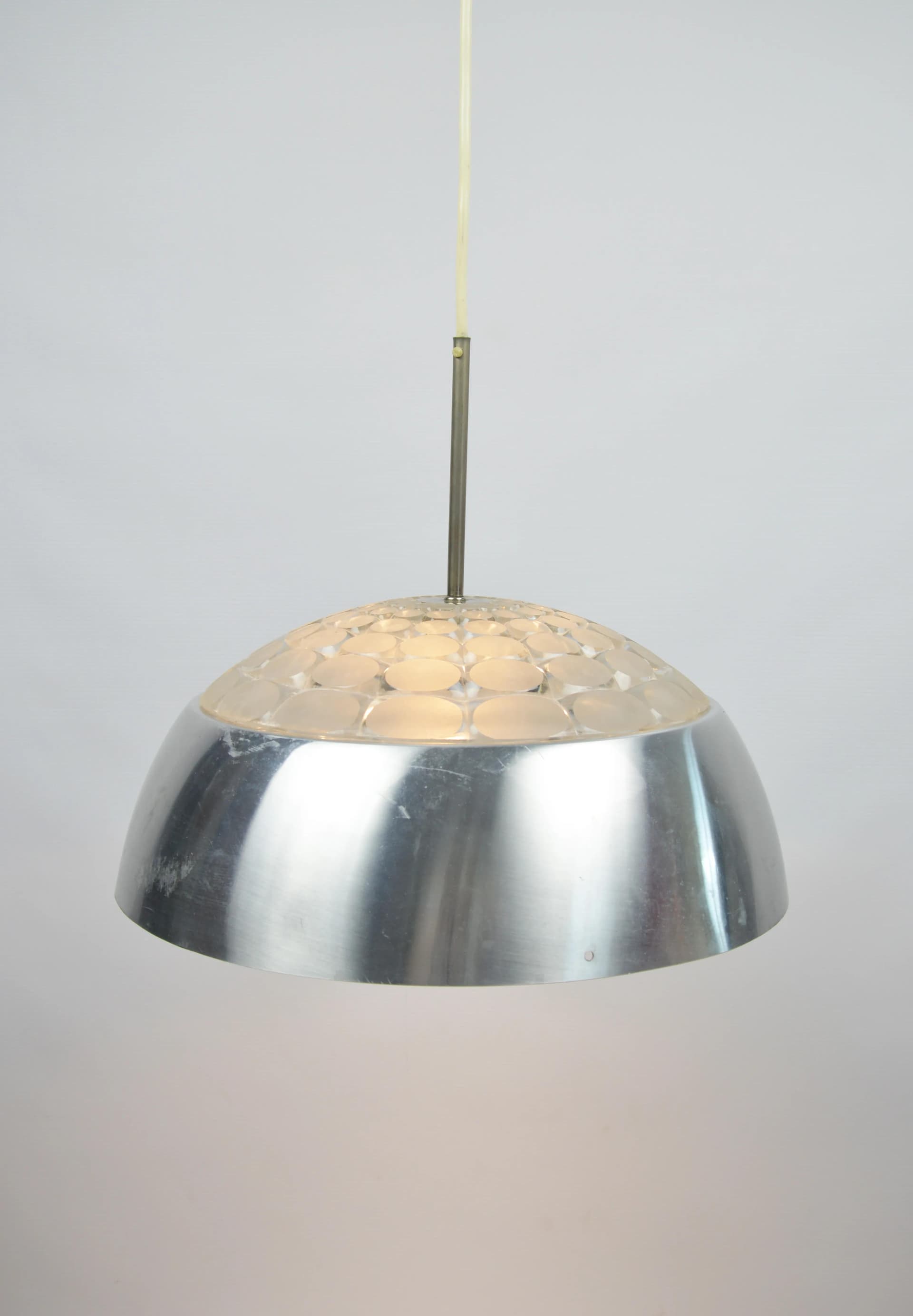 Lampa wisząca, srebrny, aluminium, szkło, Polska, lata 70. - 86632