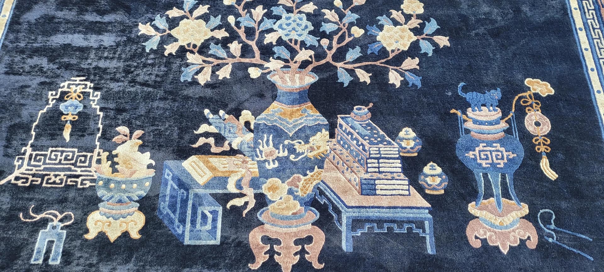 Dywan orientalny, granatowy, jedwab, Chiny, lata 80., 205x280 cm - 88909