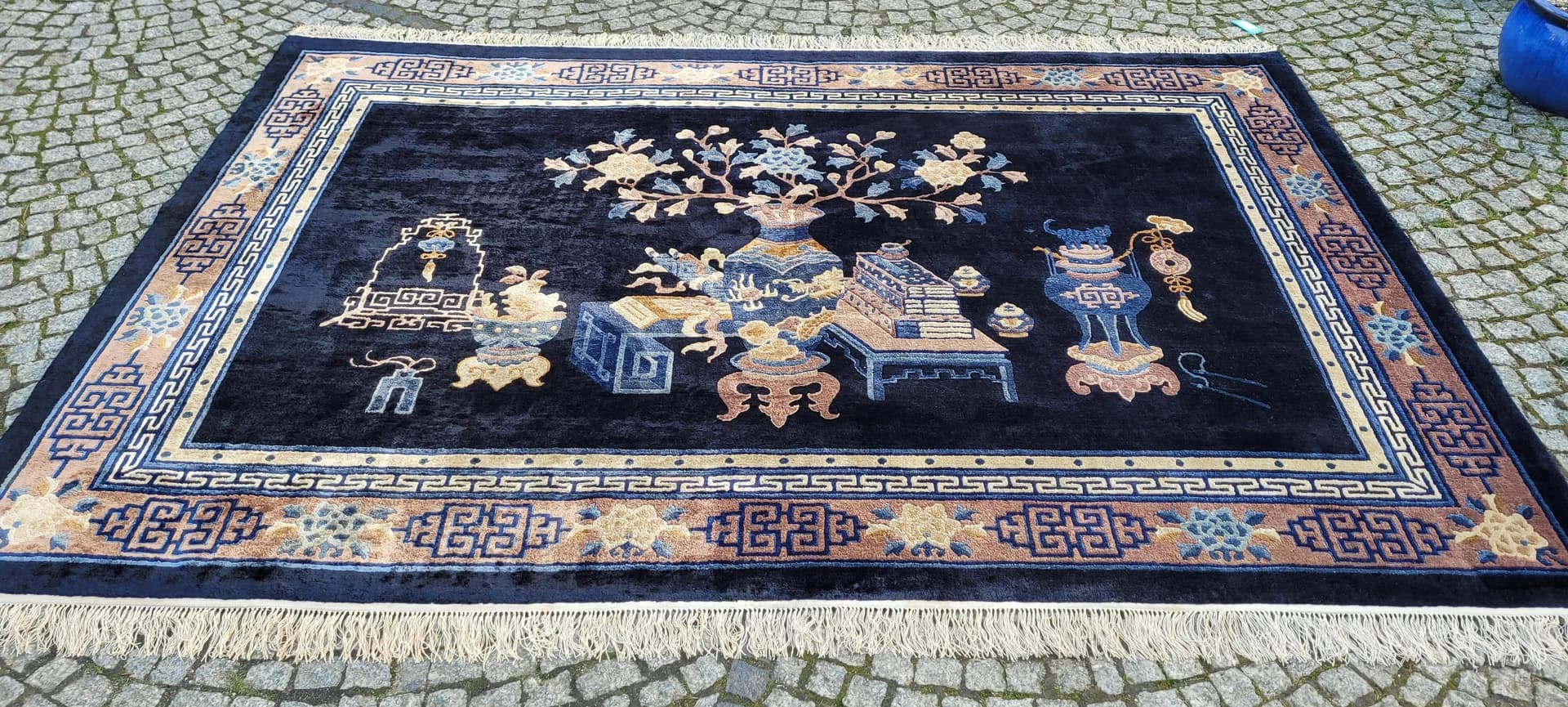 Dywan orientalny, granatowy, jedwab, Chiny, lata 80., 205x280 cm - 88904