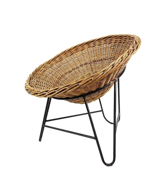 Armchair, brown wicker, black metal, Poland, 1970s. - DIMENSION