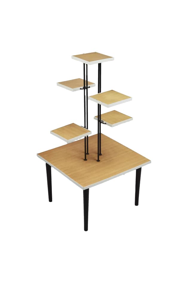 Kwietnik, brązowy, drewno, metal czarny, tworzywo sztuczne biały, Polska, lata 80. - WYMIARY