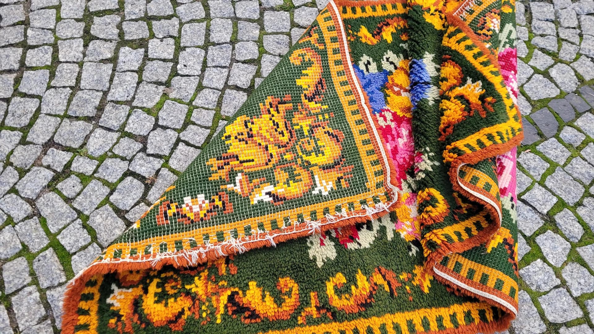 Dywan kilim, butelkowa zieleń, wełna, Polska, lata 60., 92x175 cm - 88768