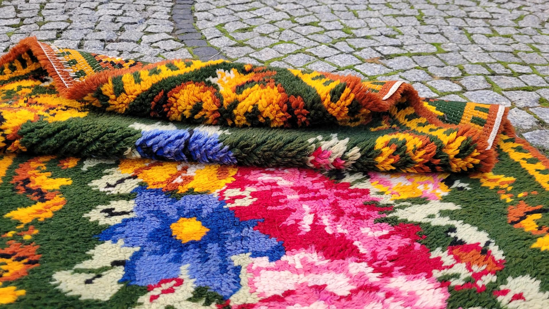 Dywan kilim, butelkowa zieleń, wełna, Polska, lata 60., 92x175 cm - 88764