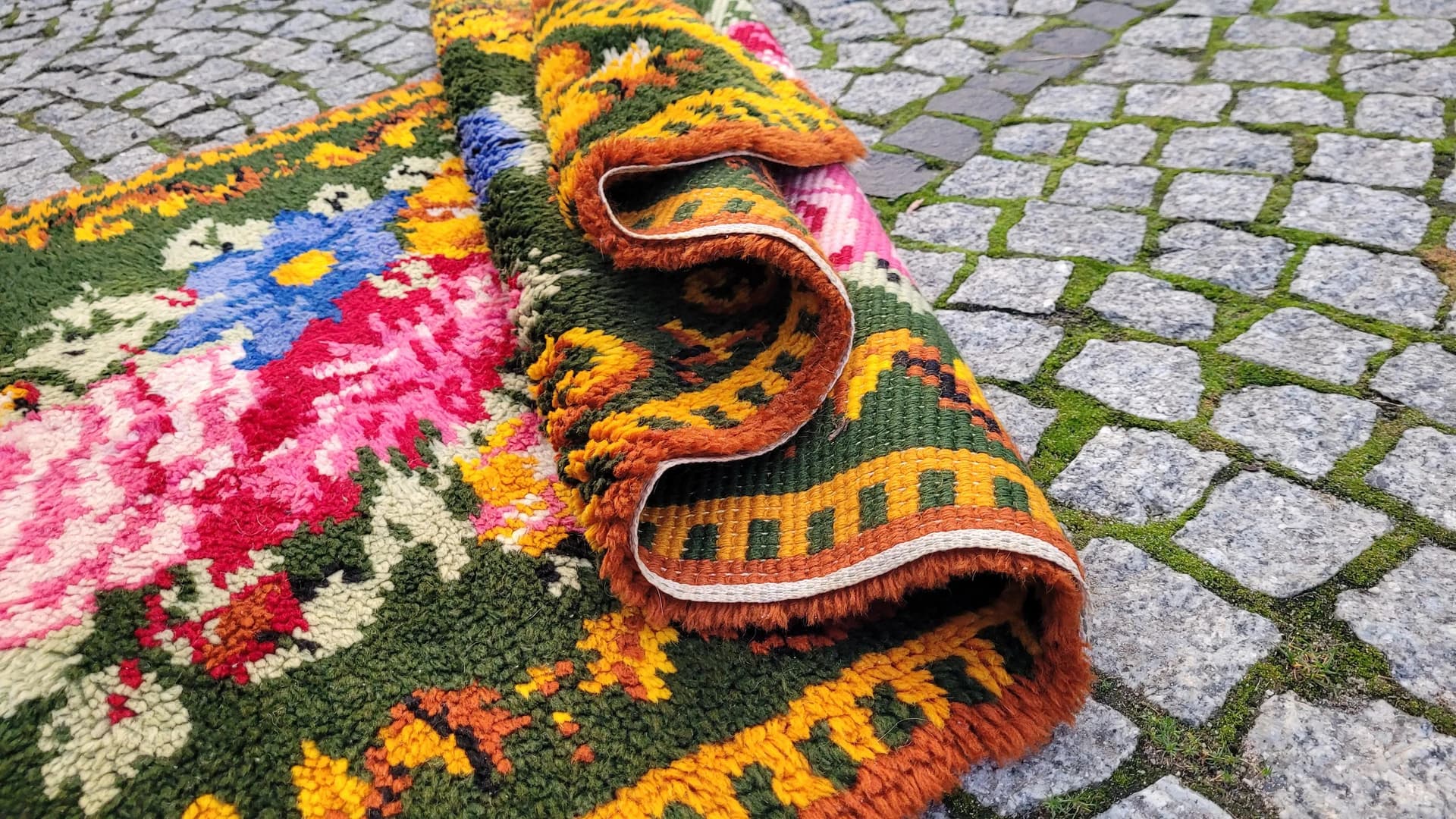 Dywan kilim, butelkowa zieleń, wełna, Polska, lata 60., 92x175 cm - 88763