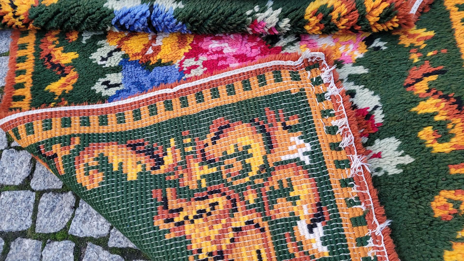 Dywan kilim, butelkowa zieleń, wełna, Polska, lata 60., 92x175 cm - 88765