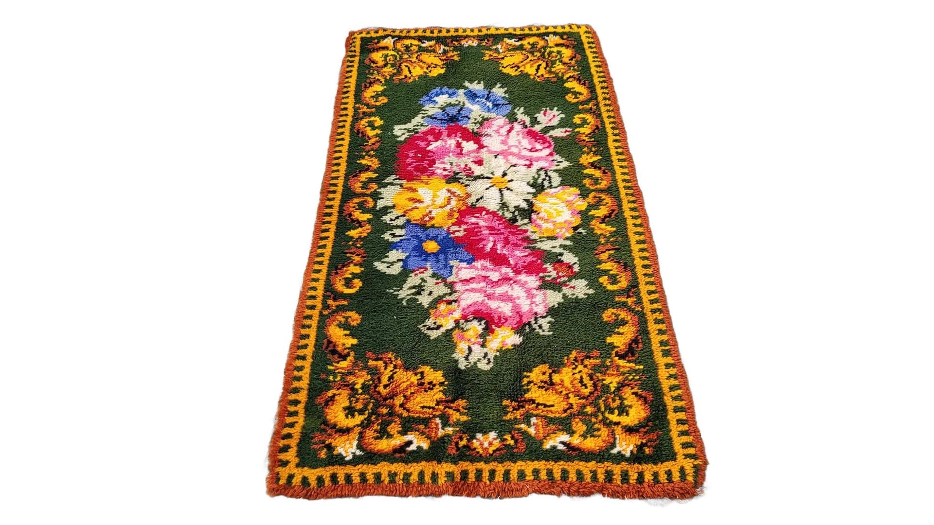 Dywan kilim, butelkowa zieleń, wełna, Polska, lata 60., 92x175 cm