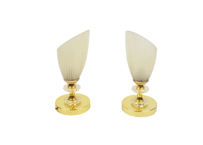 Para lampek stołowych, złoty, metal szkło, Polska, lata 80.