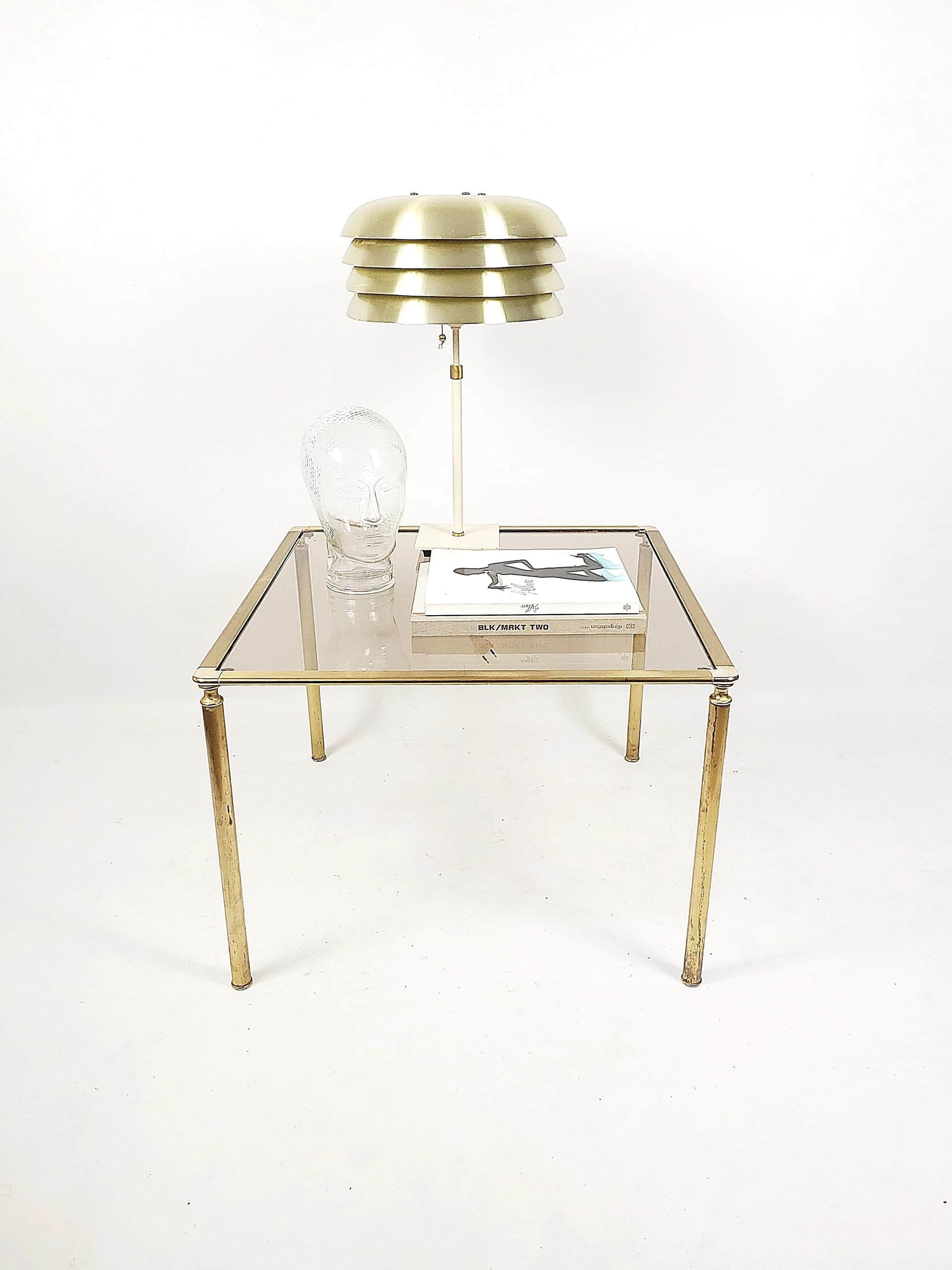 Stolik kawowy, mosiądz złoty, szkło przezroczyste, Polska, lata 70. - 85975