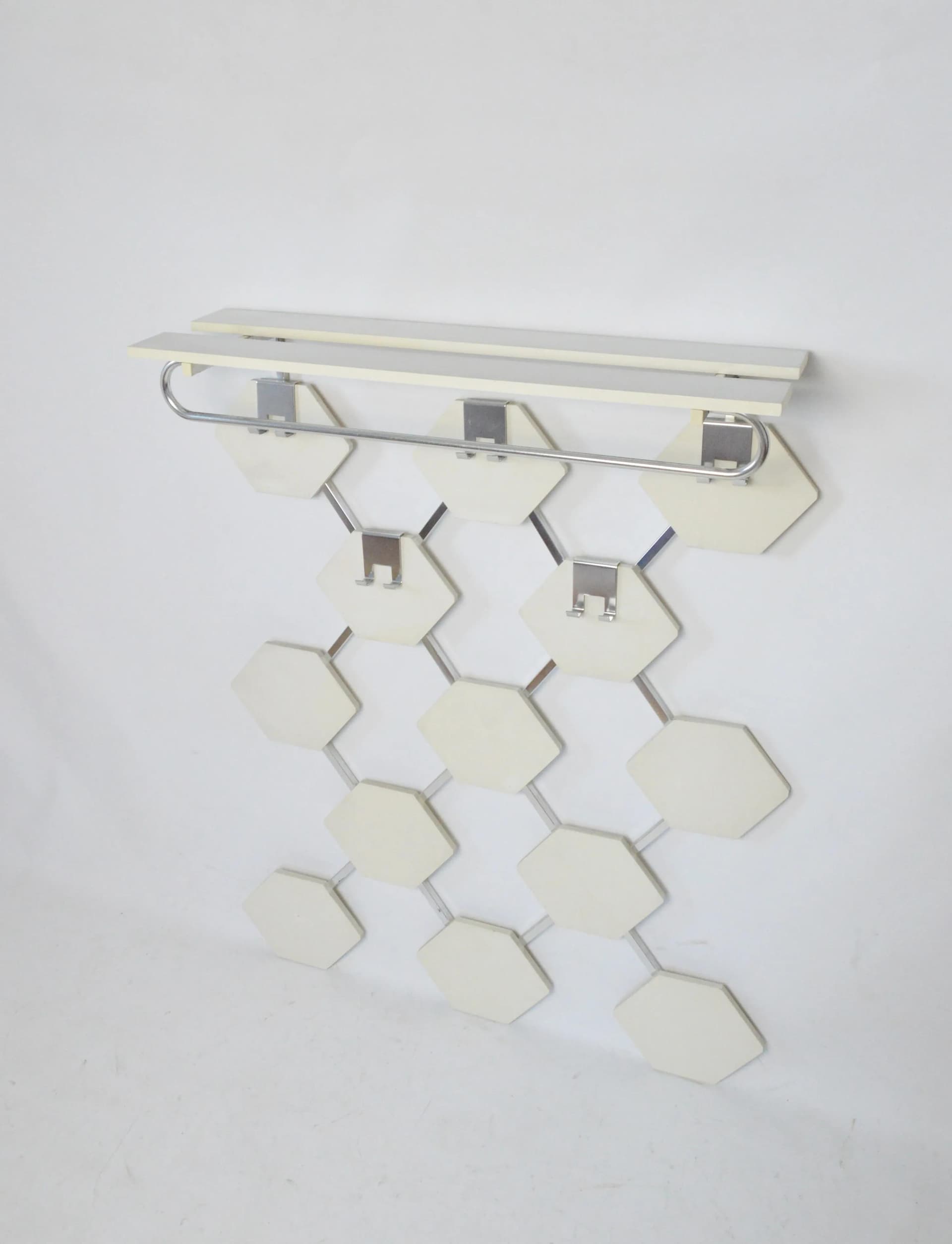 Wall-mounted coat rack, white, wood, aluminum, Poland, 1970s. - 85932