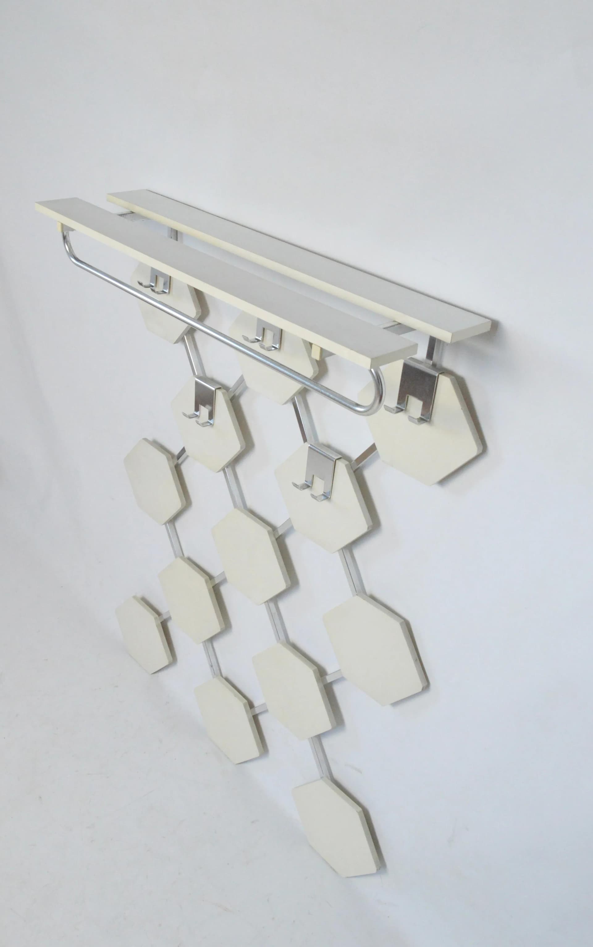 Wall-mounted coat rack, white, wood, aluminum, Poland, 1970s. - 85933
