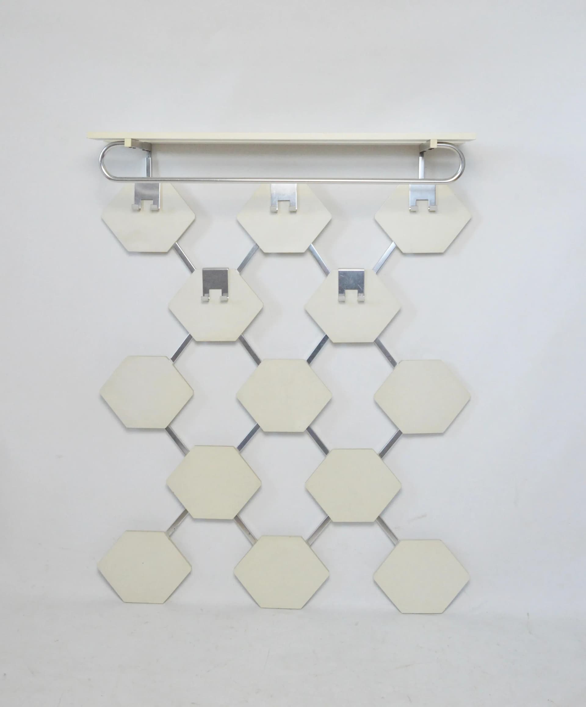 Wall-mounted coat rack, white, wood, aluminum, Poland, 1970s. - 85929